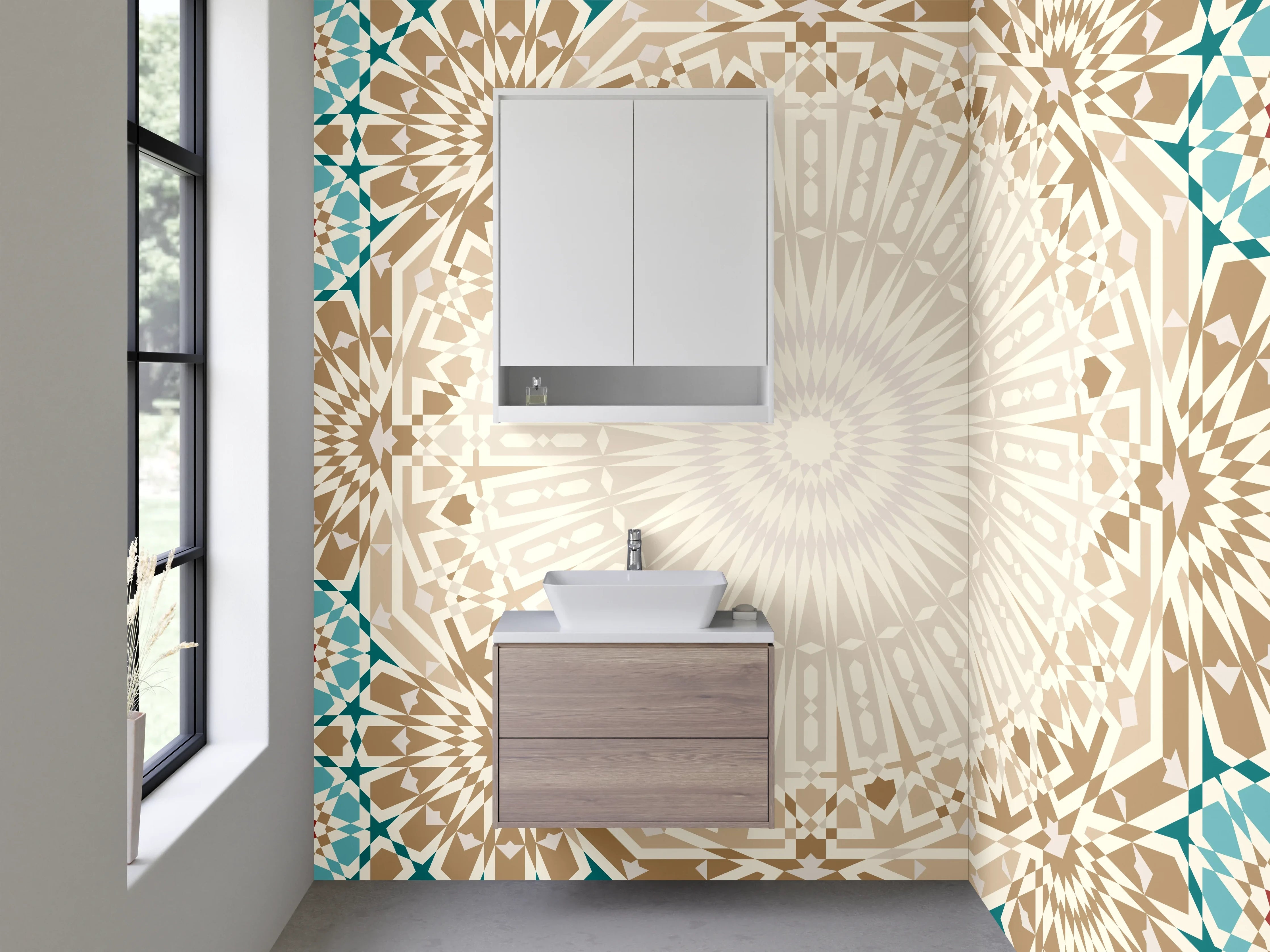 Waschbecken-Rückwand - Islamisches Mosaik mit geometrischem Muster in Türkis und Beige