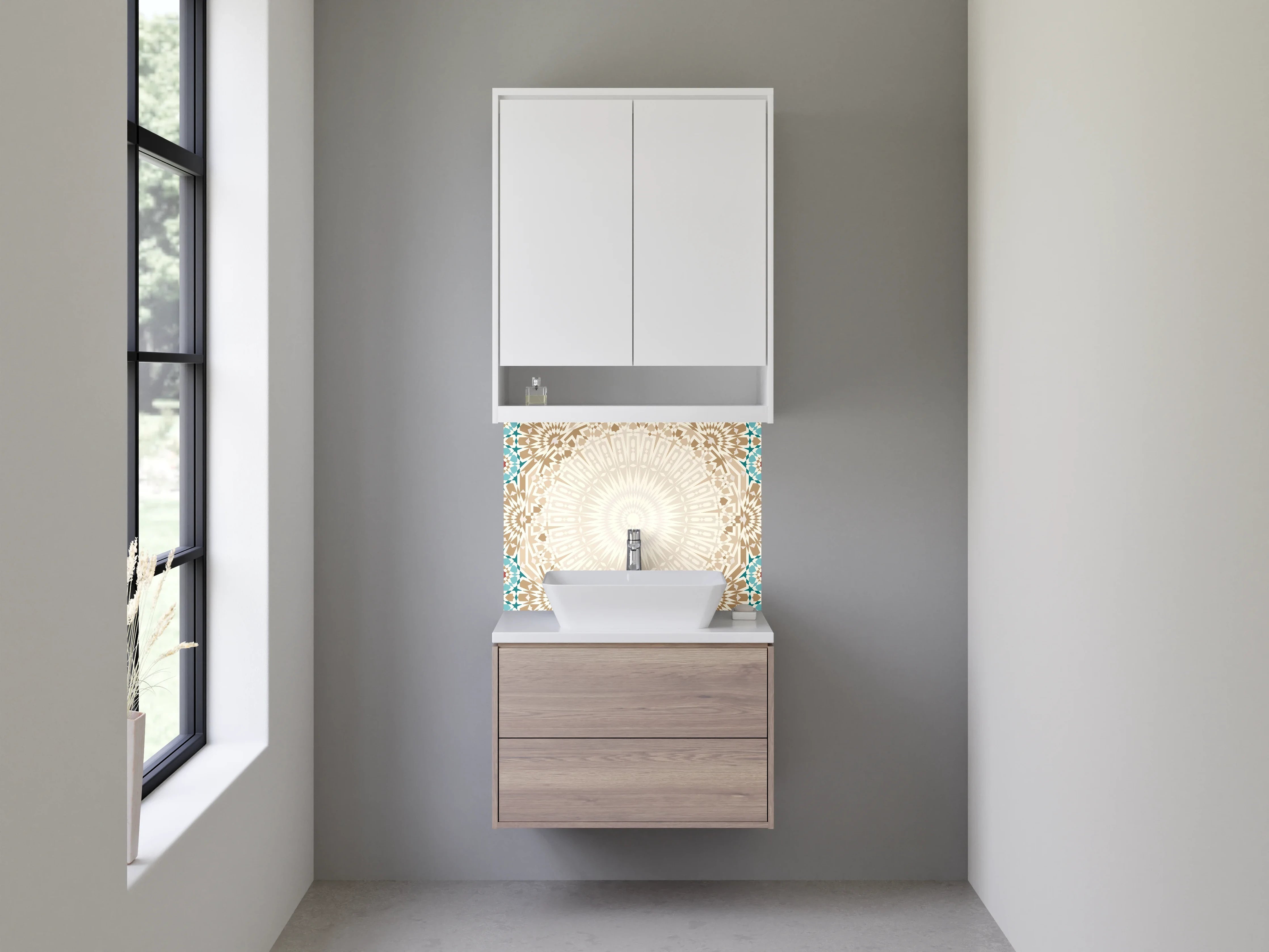 Waschbecken-Rückwand - Islamisches Mosaik mit geometrischem Muster in Türkis und Beige