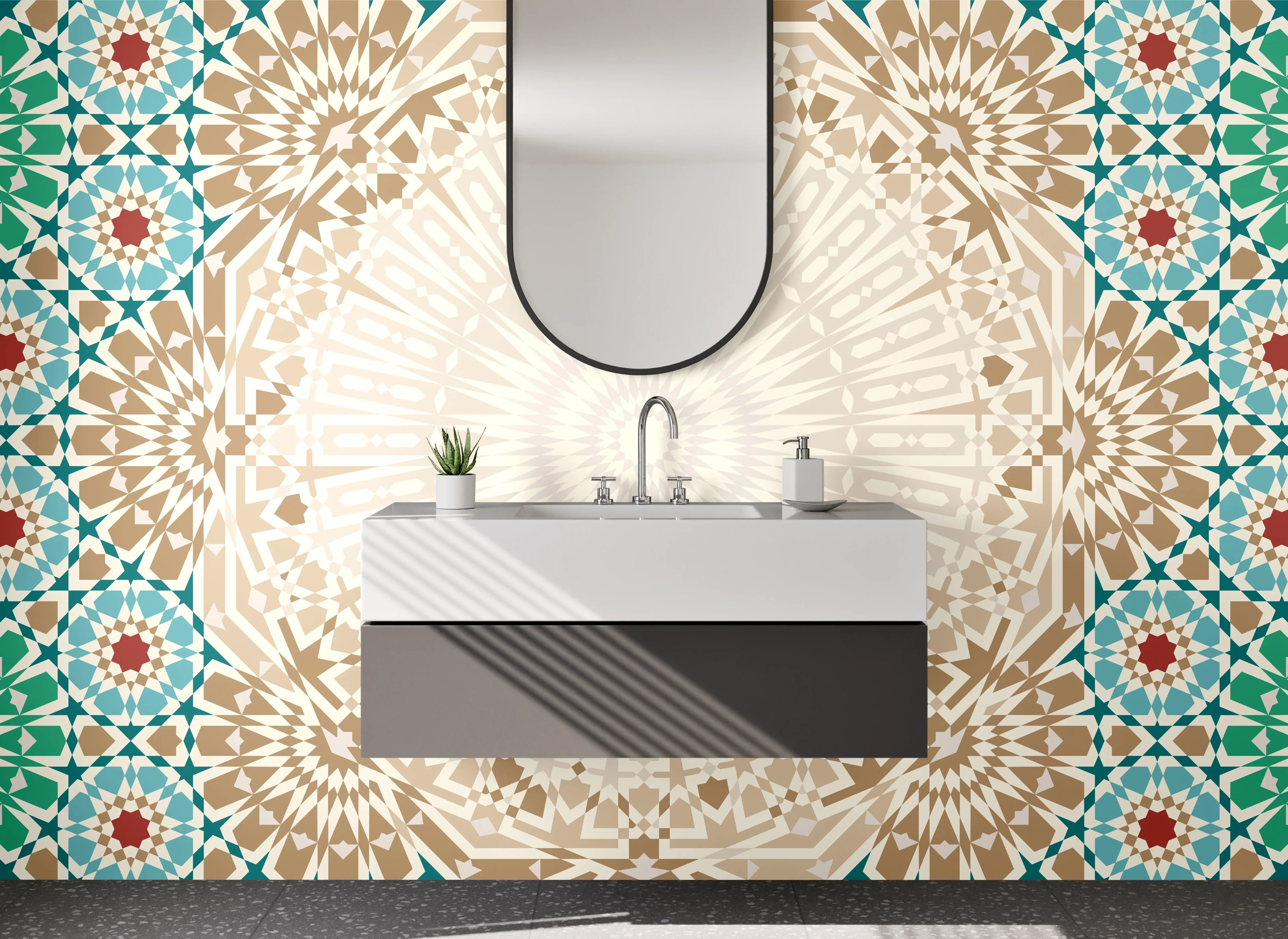 Waschbecken-Rückwand - Islamisches Mosaik mit geometrischem Muster in Türkis und Beige