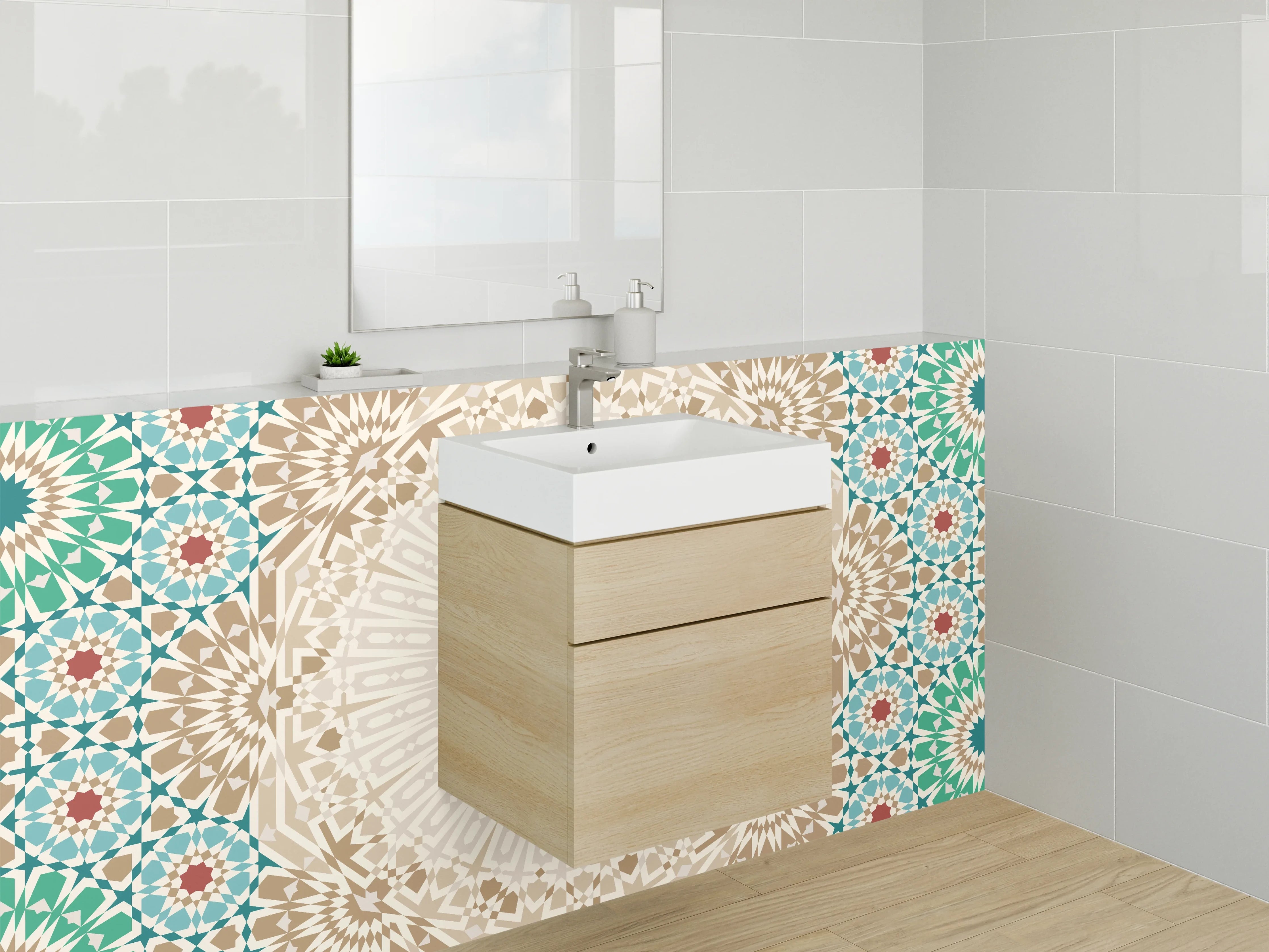 Waschbecken-Rückwand - Islamisches Mosaik mit geometrischem Muster in Türkis und Beige