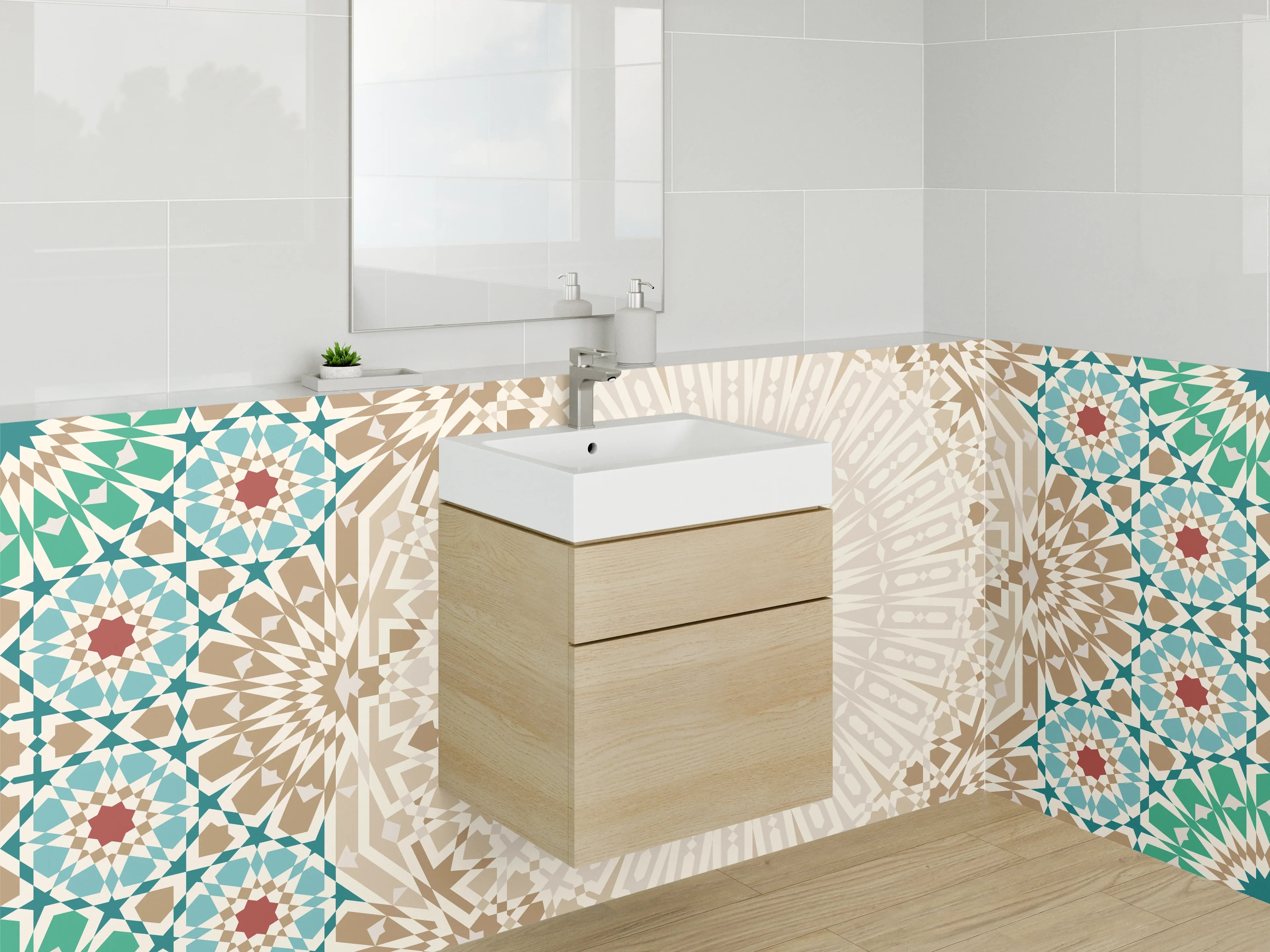 Waschbecken-Rückwand - Islamisches Mosaik mit geometrischem Muster in Türkis und Beige