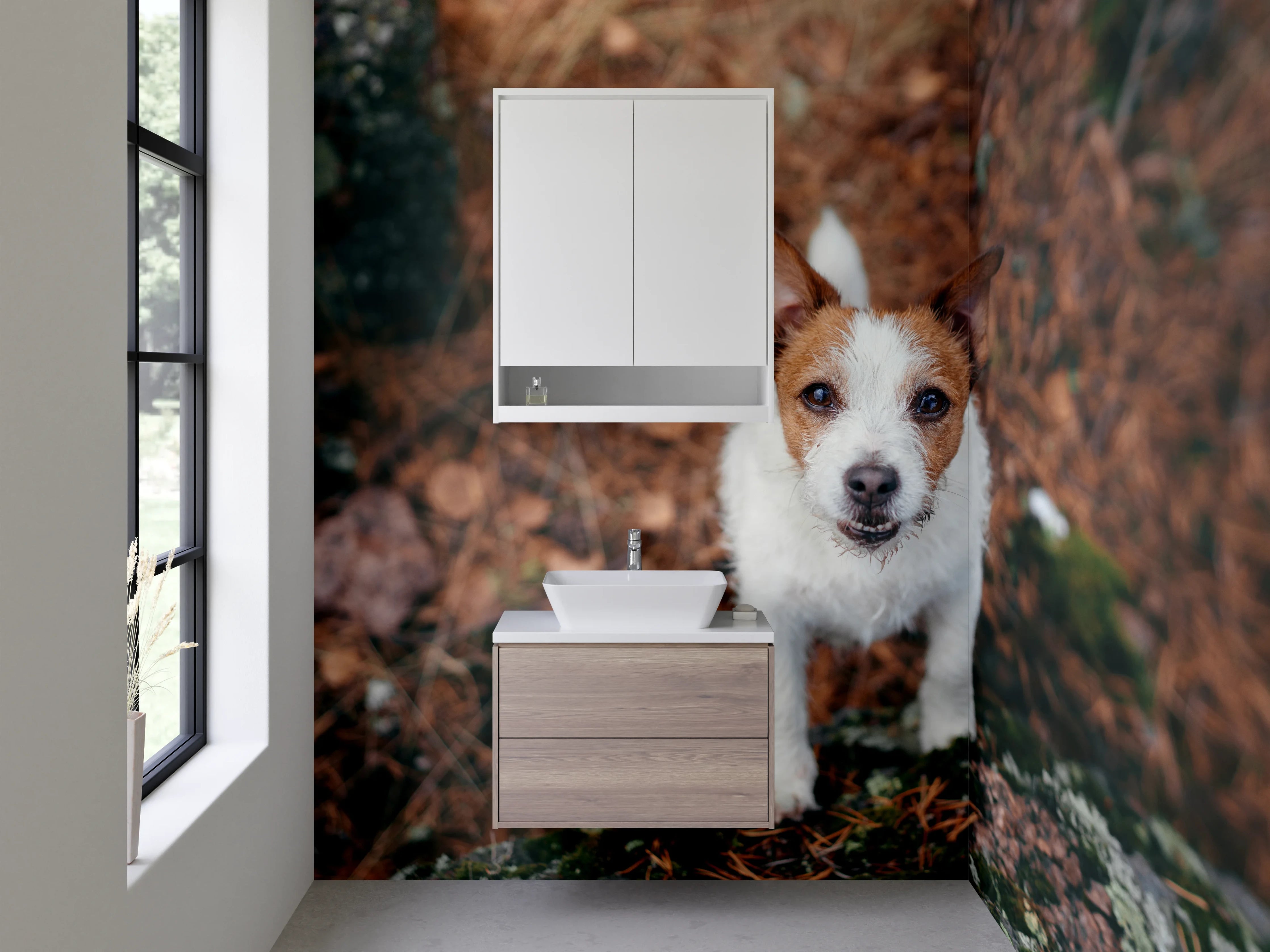 Waschbecken-Rückwand - Jack Russell im Wald – Tiermotiv