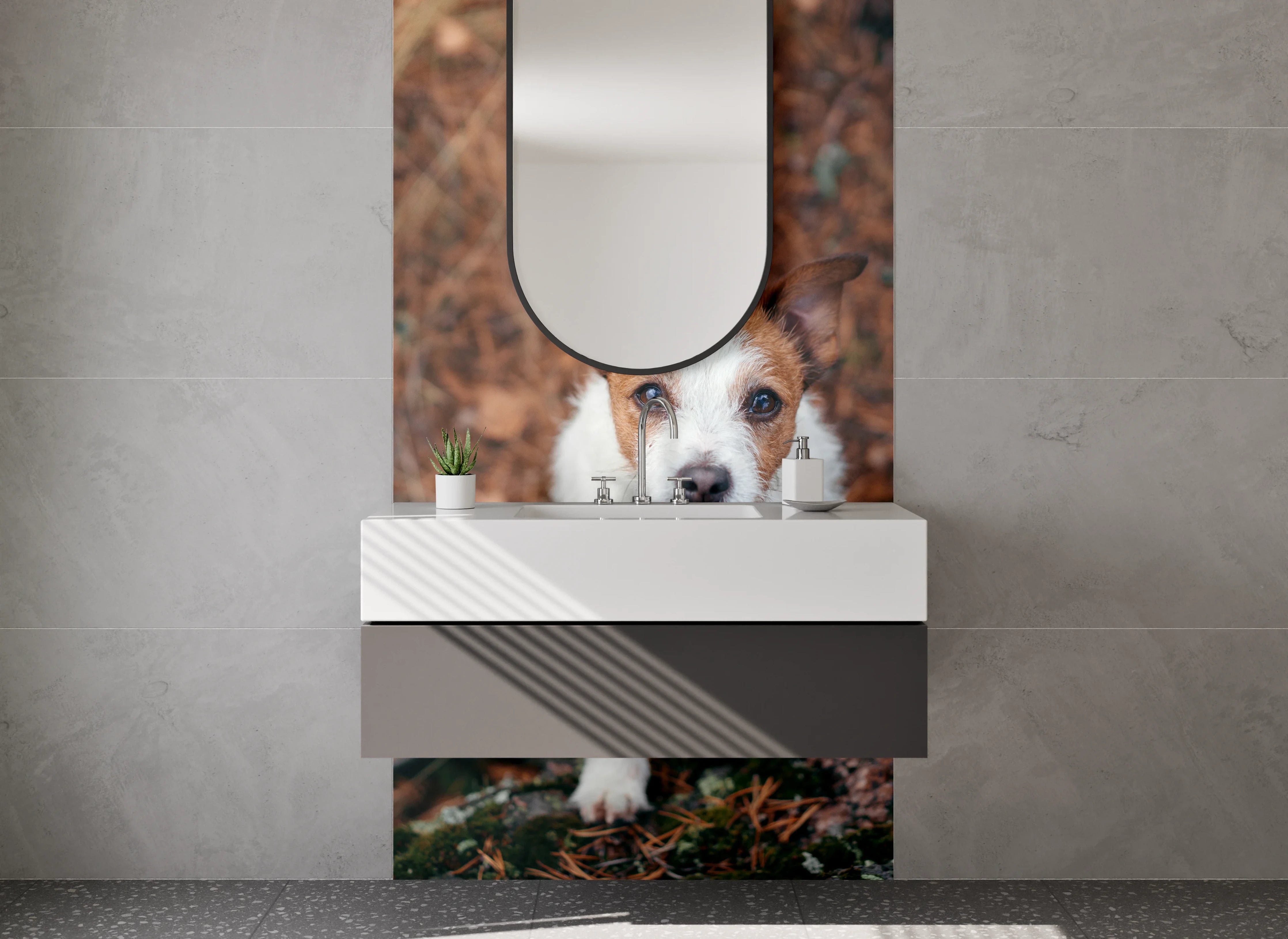 Waschbecken-Rückwand - Jack Russell im Wald – Tiermotiv