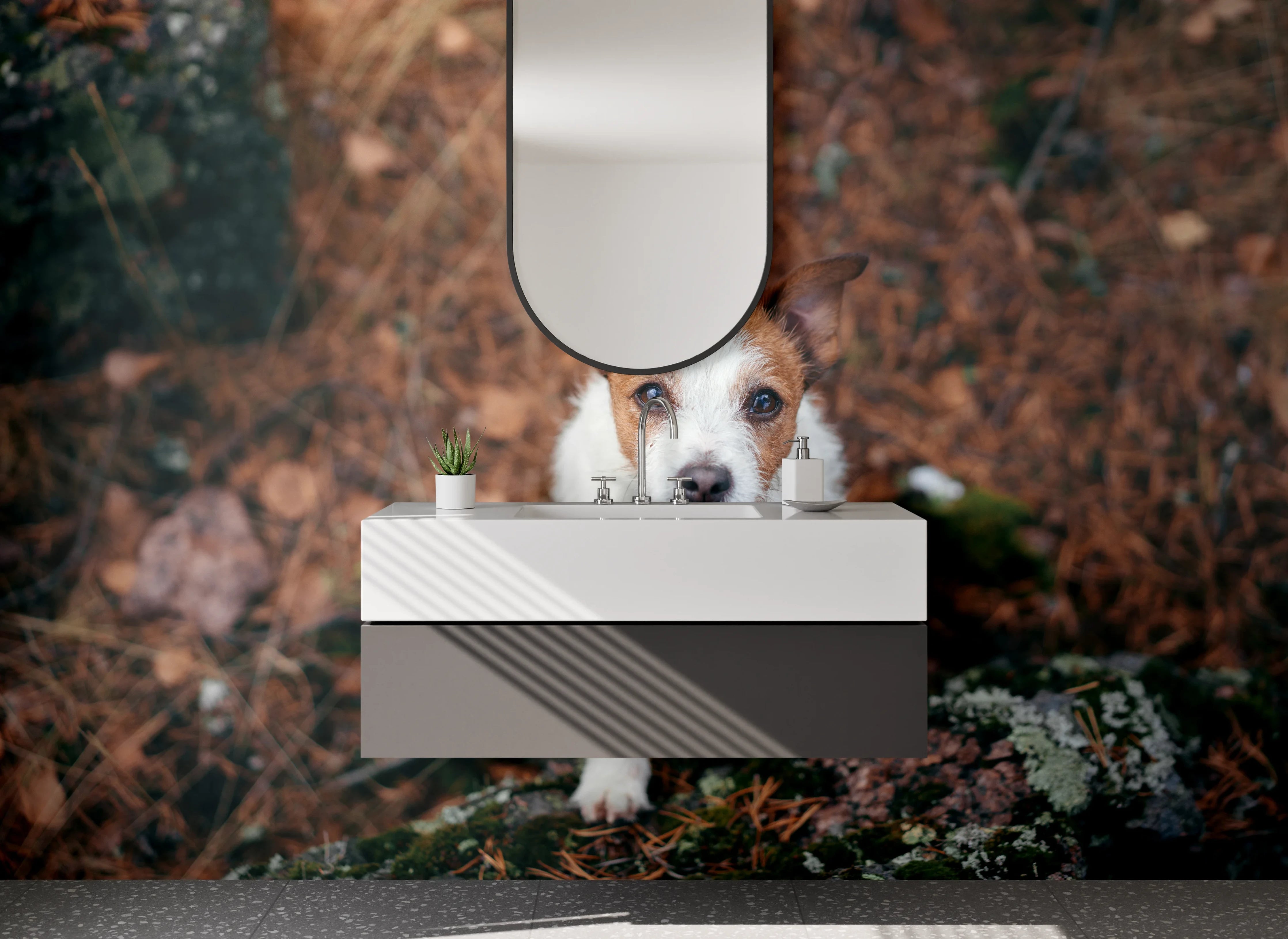 Waschbecken-Rückwand - Jack Russell im Wald – Tiermotiv