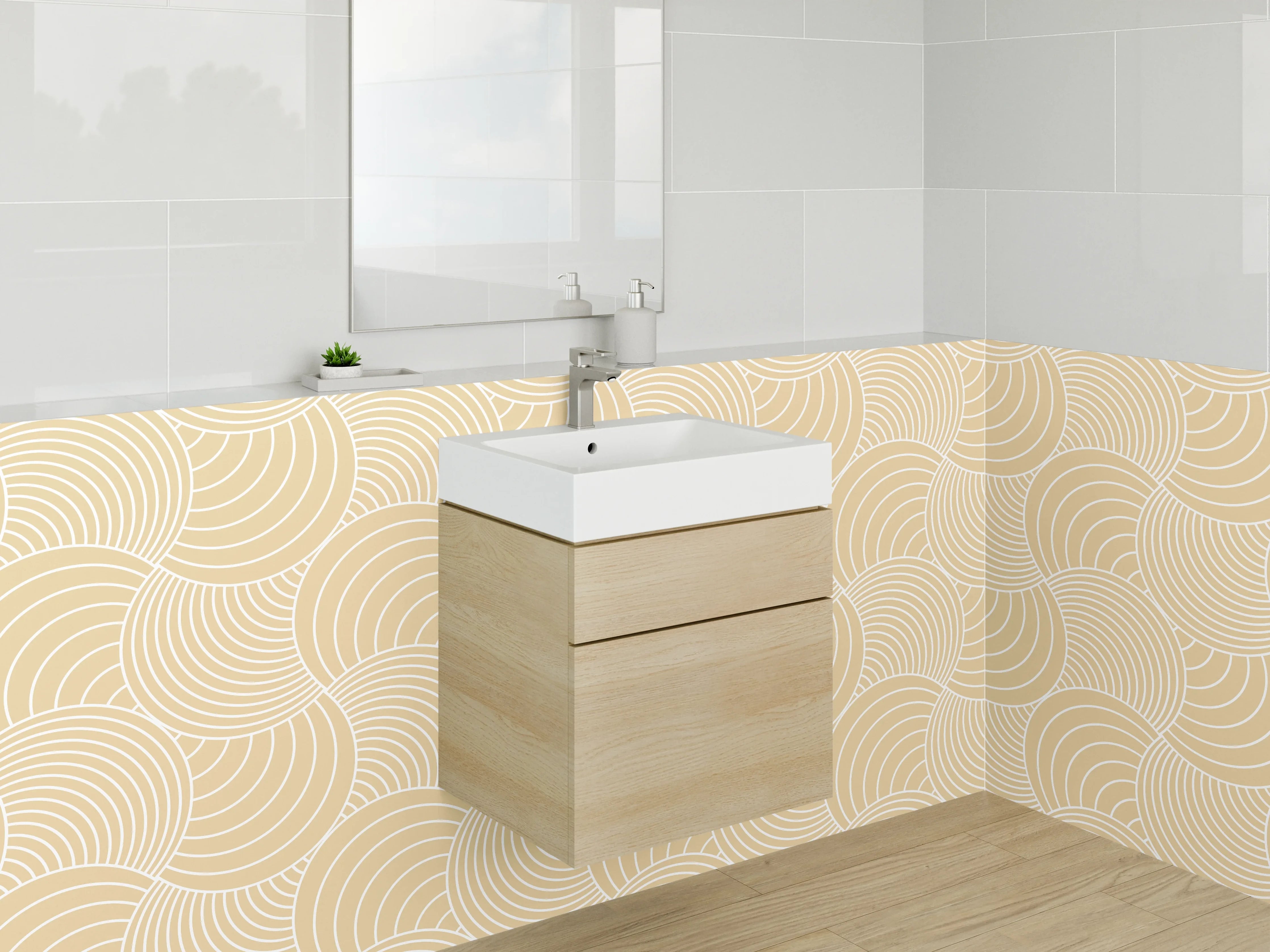 Waschbecken-Rückwand - Japandi Wellenmuster Beige Minimal