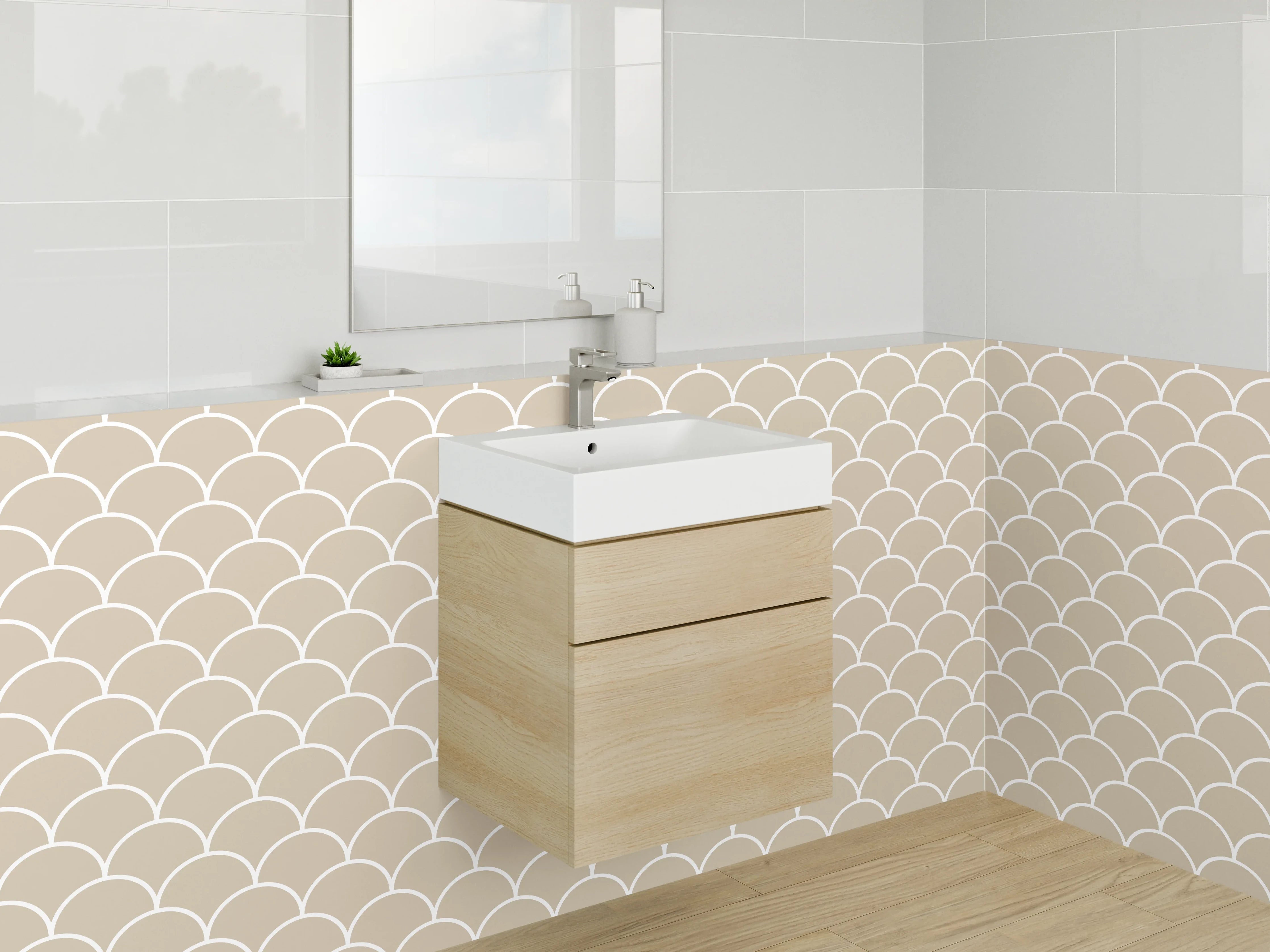 Waschbecken-Rückwand - Japandi Wellenmuster Beige Weiß