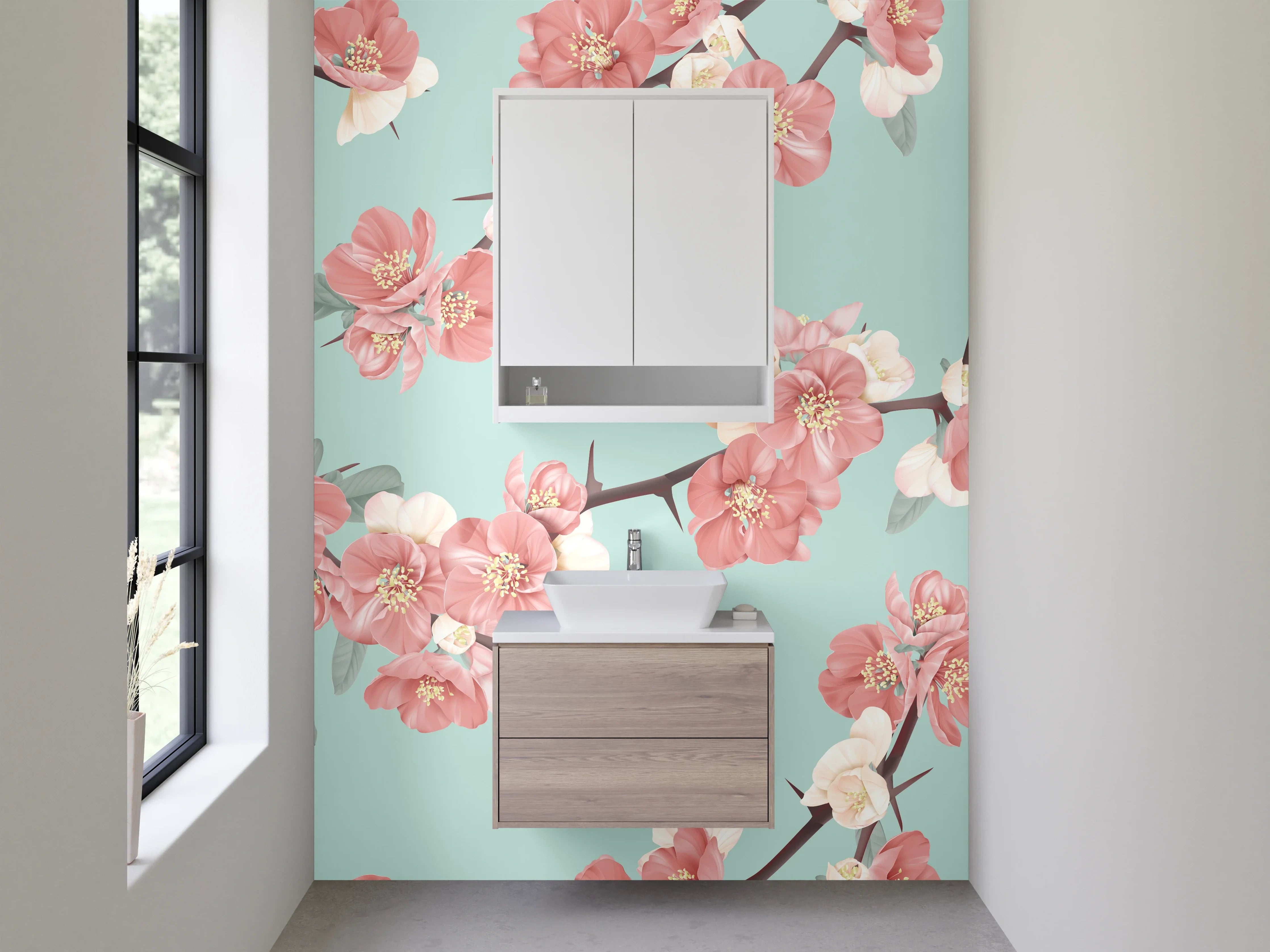 Waschbecken-Rückwand - Japanisch inspirierte Blüten Aquarell Muster