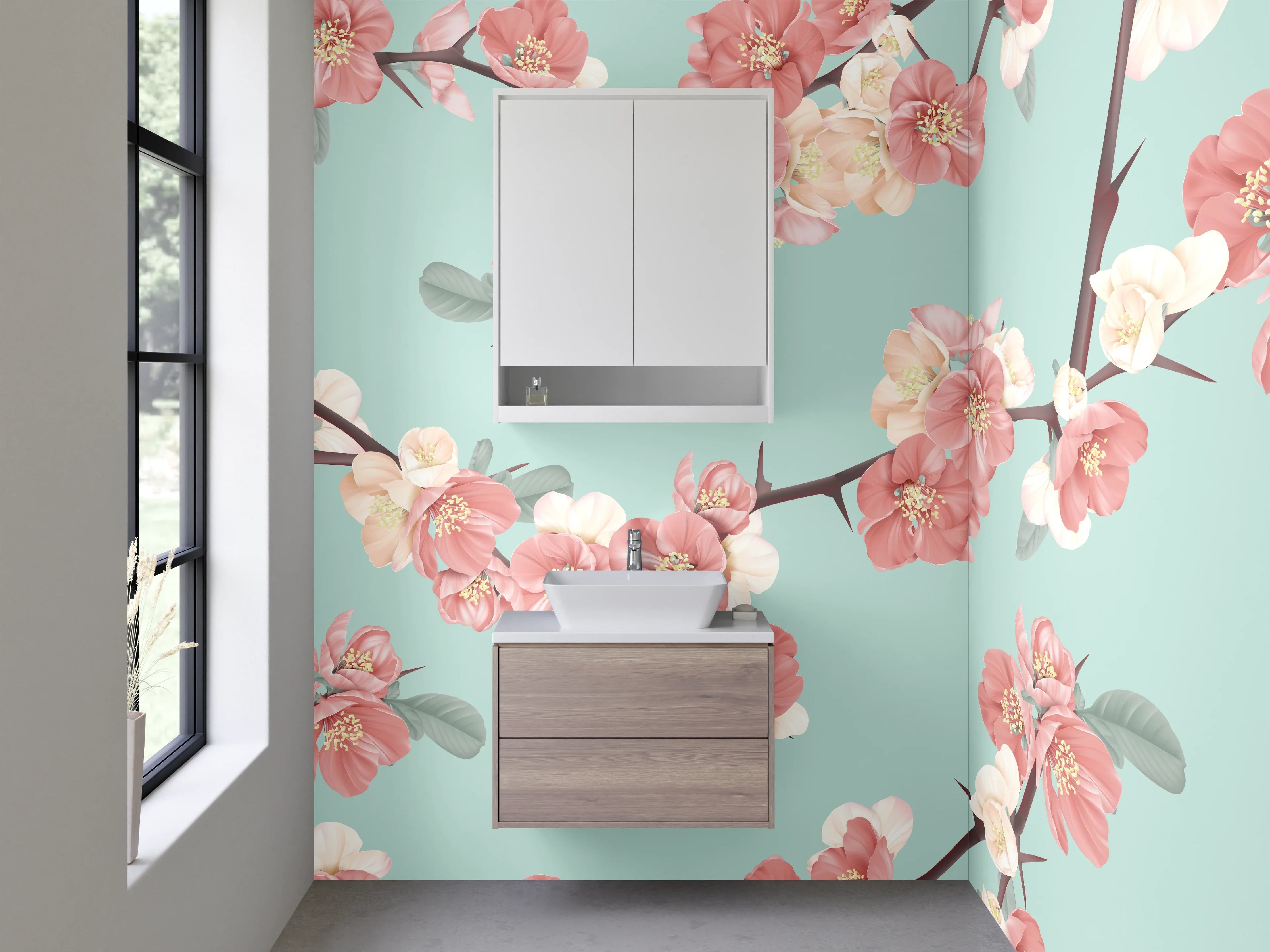 Waschbecken-Rückwand - Japanisch inspirierte Blüten Aquarell Muster
