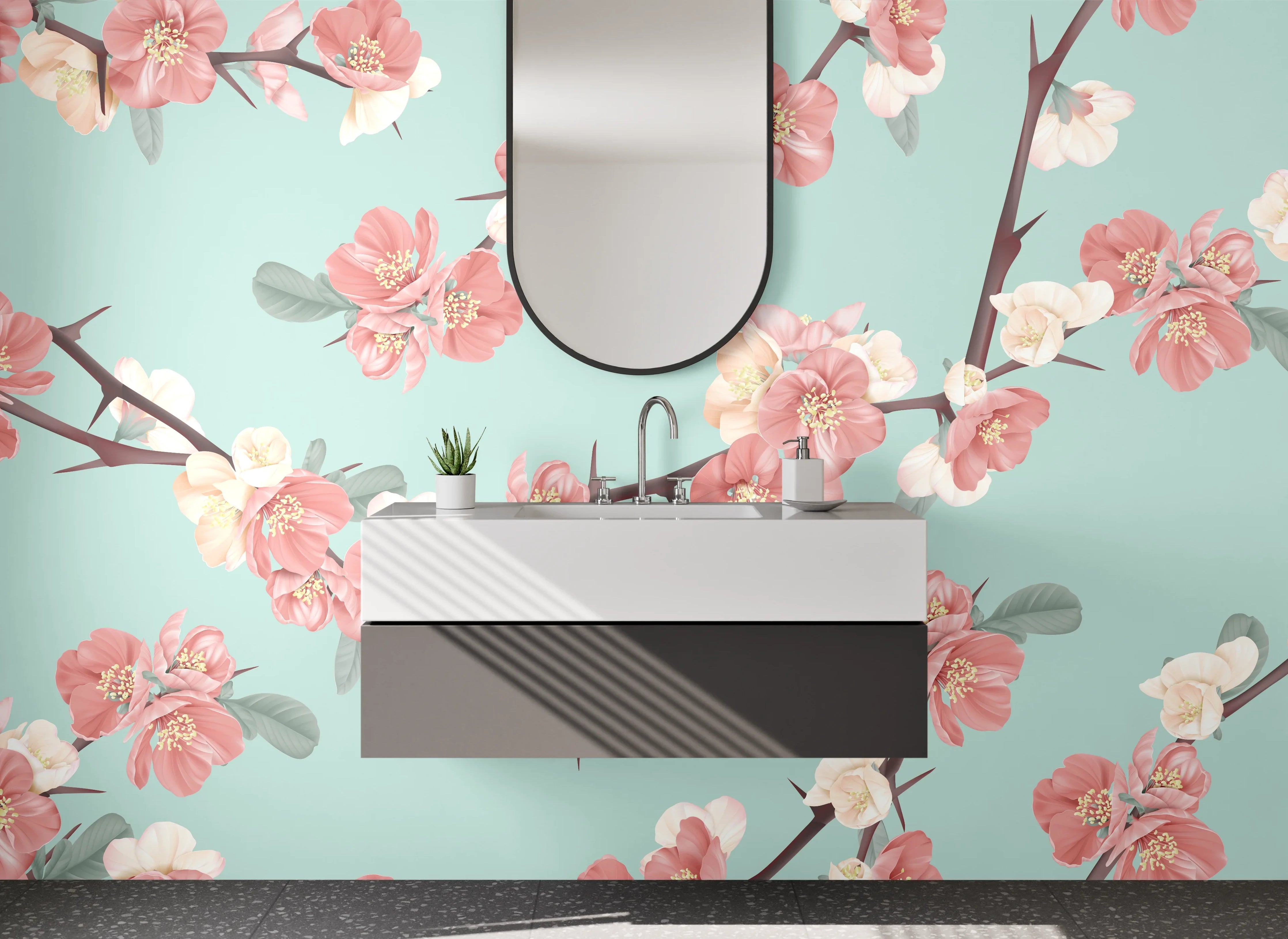 Waschbecken-Rückwand - Japanisch inspirierte Blüten Aquarell Muster