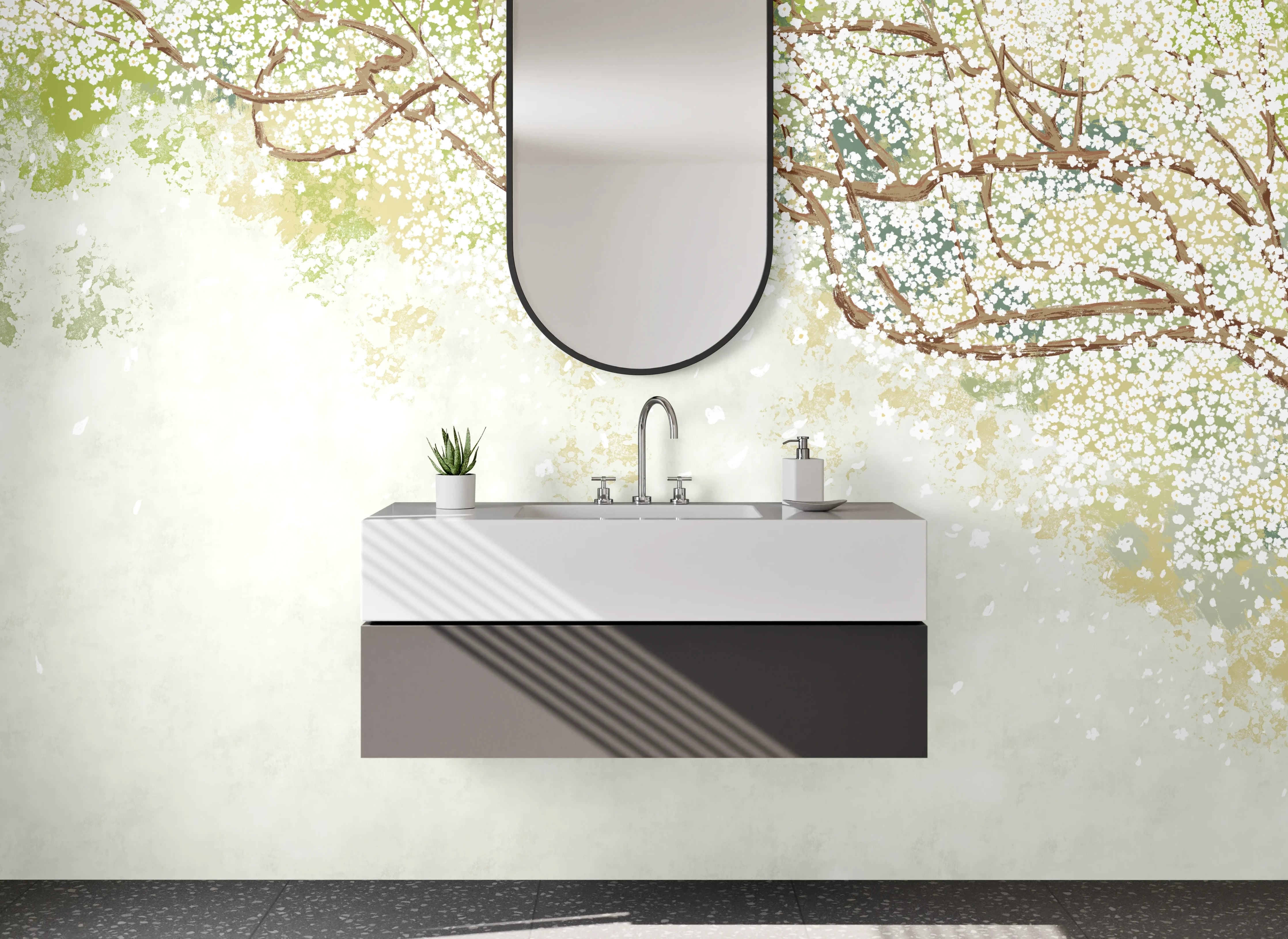 Waschbecken-Rückwand - Japanische Blütenzweige Aquarell Weißgrün