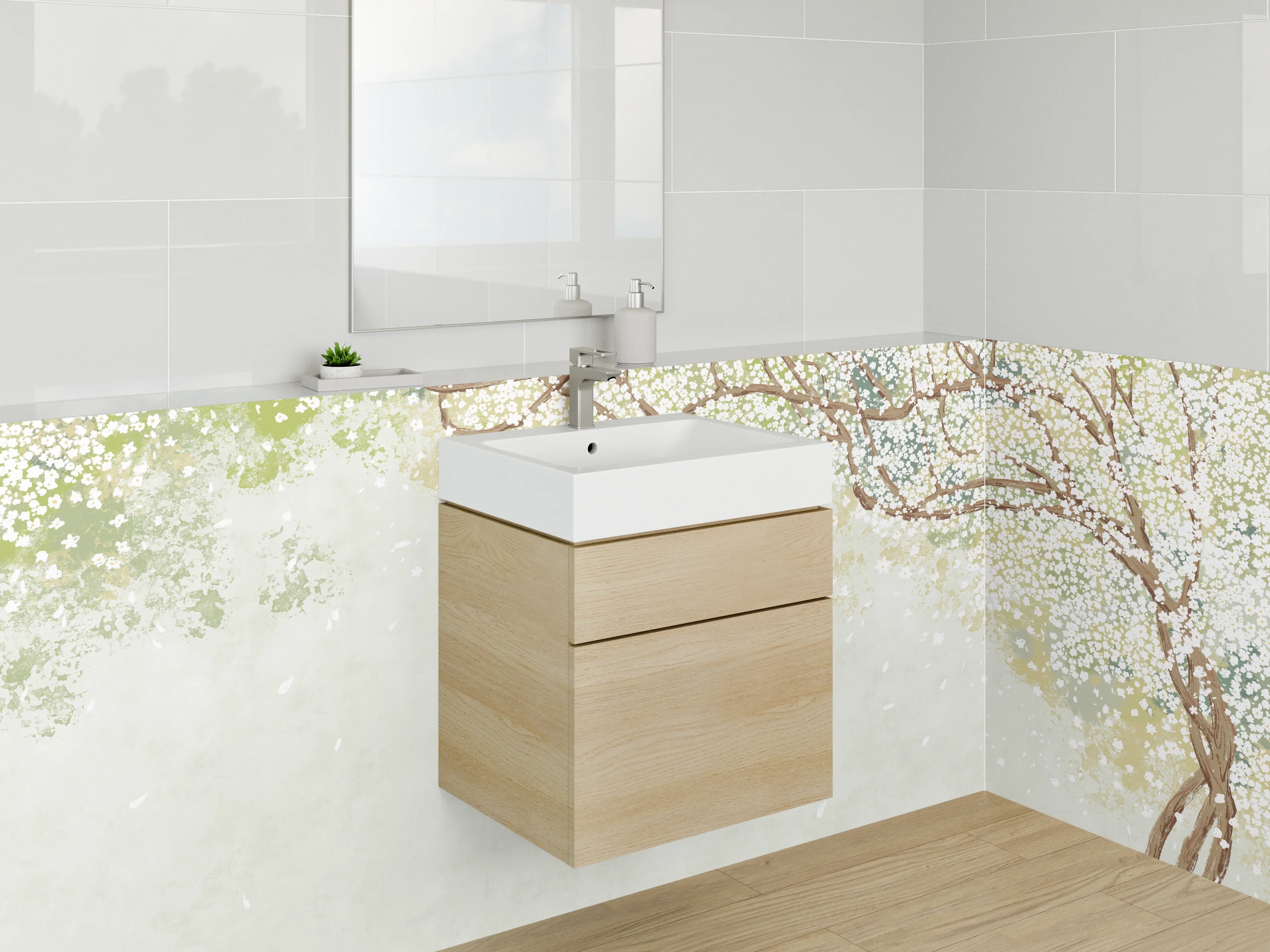 Waschbecken-Rückwand - Japanische Blütenzweige Aquarell Weißgrün