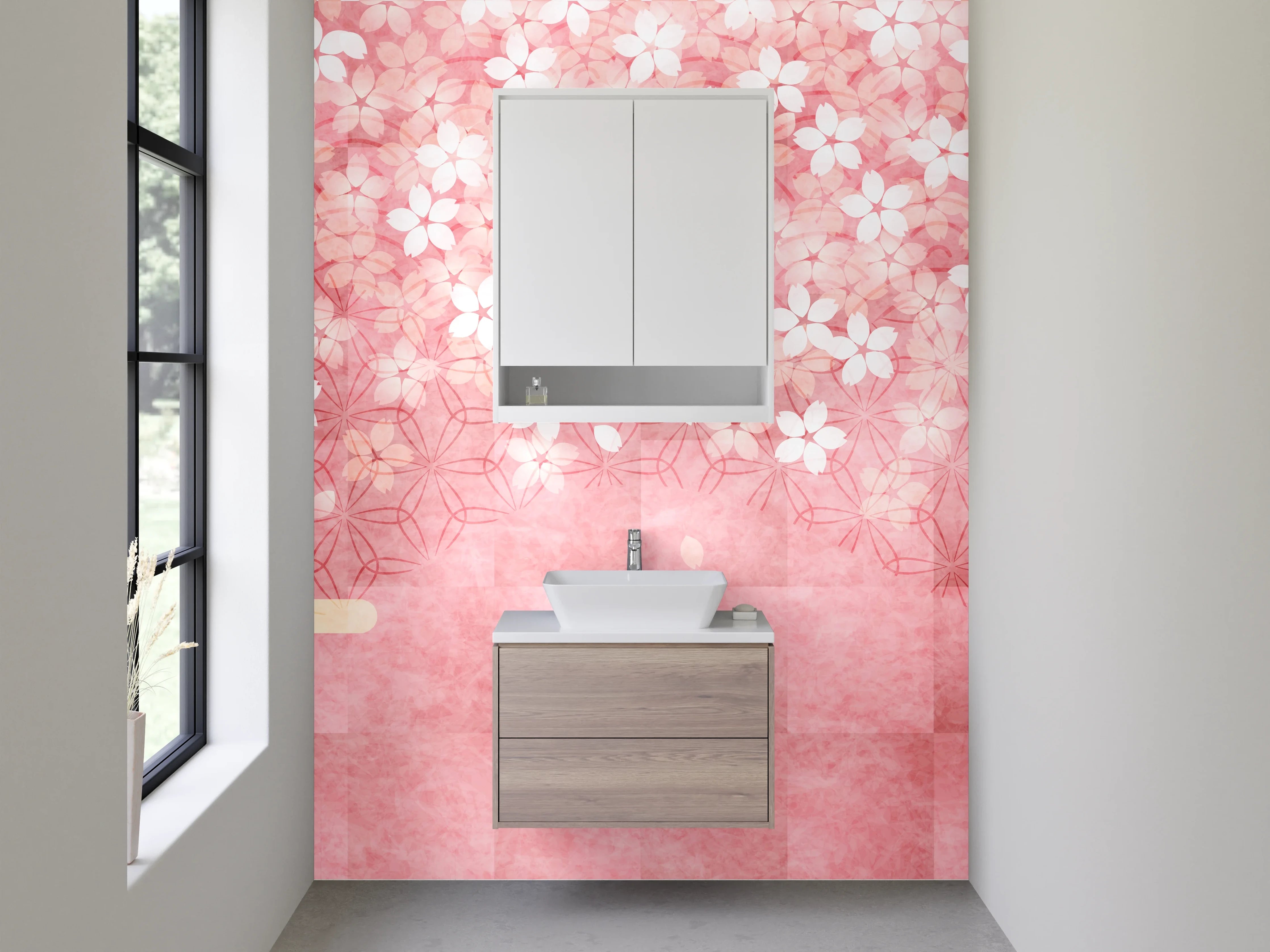 Waschbecken-Rückwand - Japanische Kirschblüten Aquarell Rosa