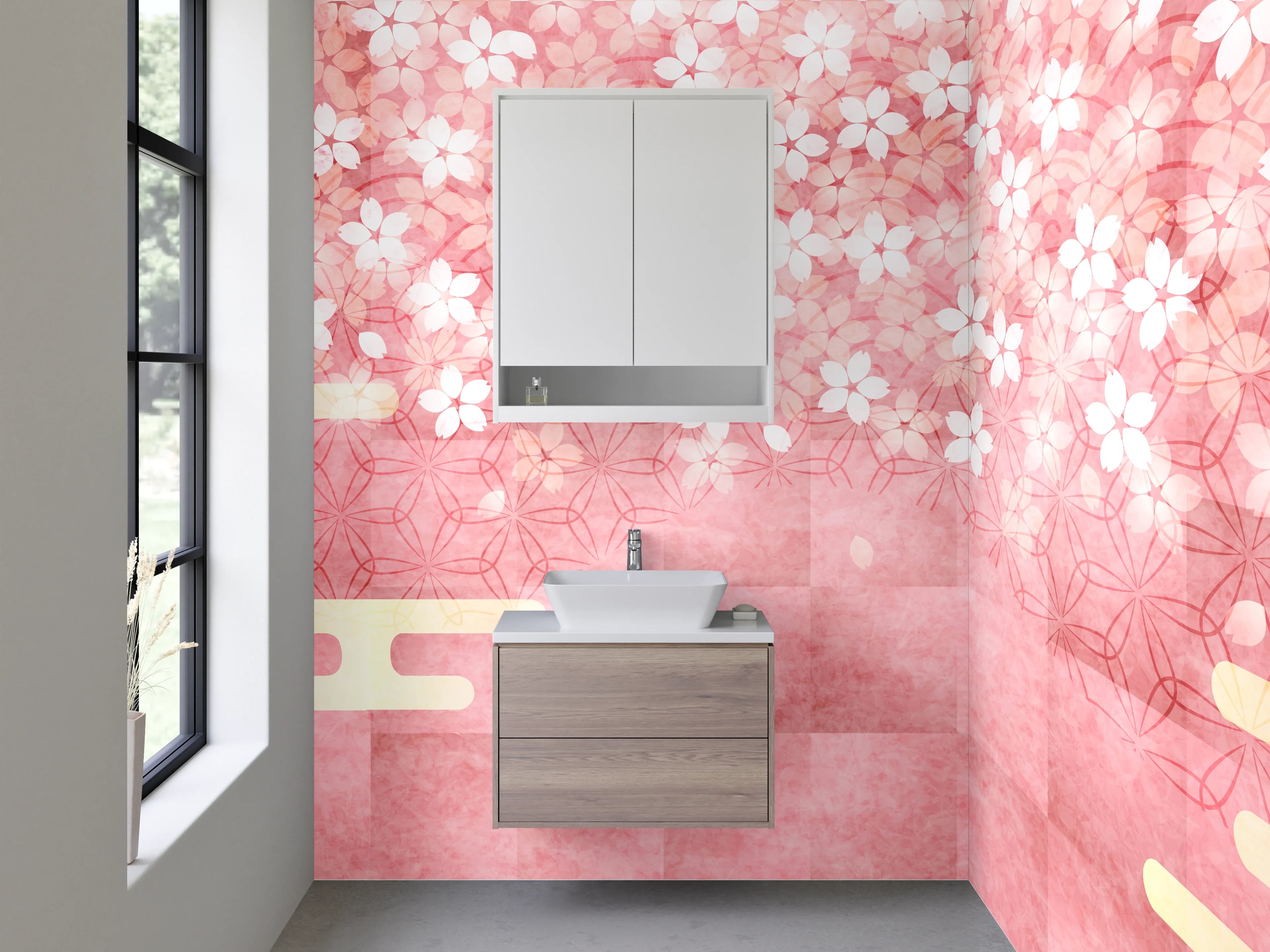 Waschbecken-Rückwand - Japanische Kirschblüten Aquarell Rosa
