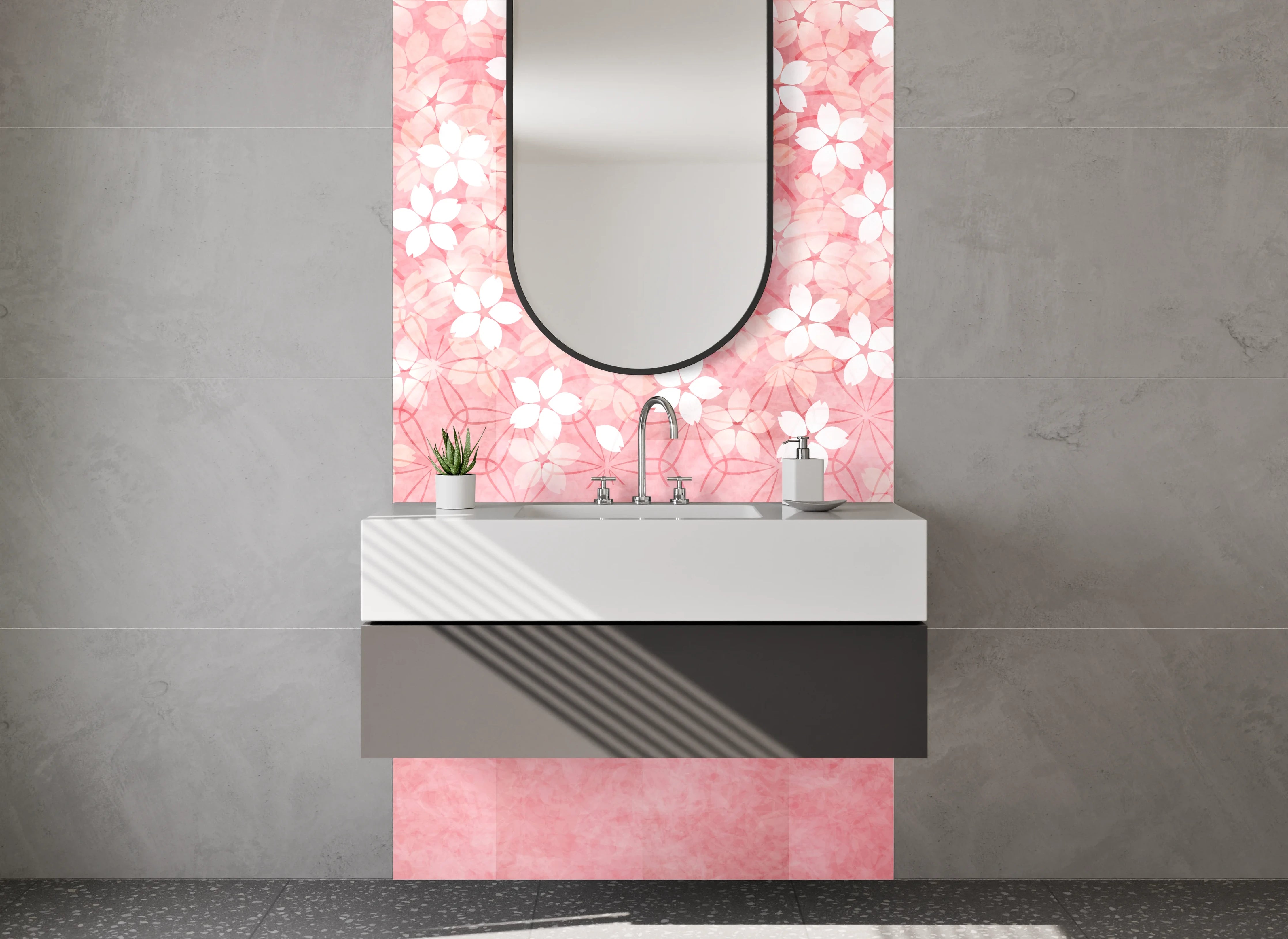 Waschbecken-Rückwand - Japanische Kirschblüten Aquarell Rosa