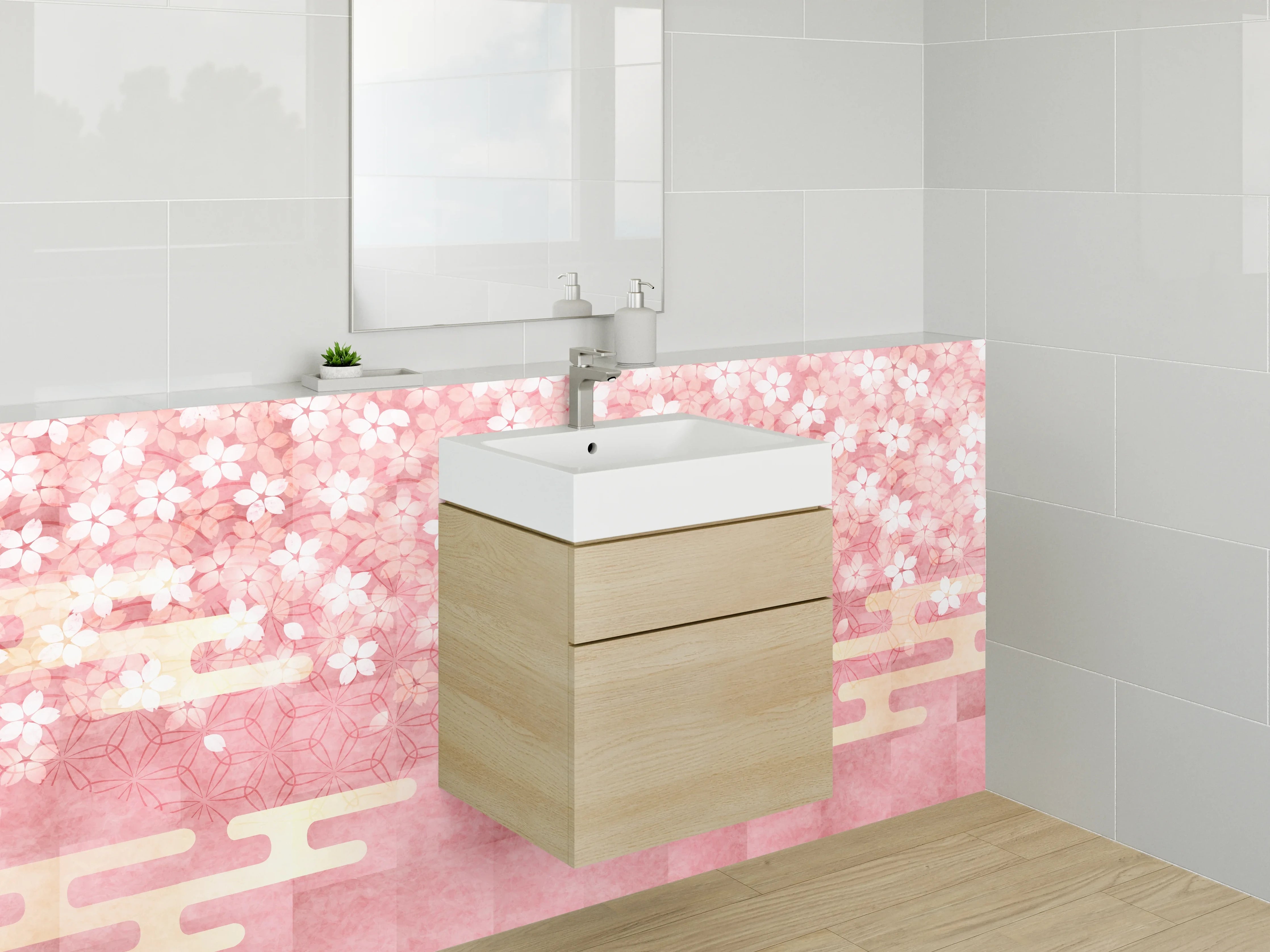 Waschbecken-Rückwand - Japanische Kirschblüten Aquarell Rosa