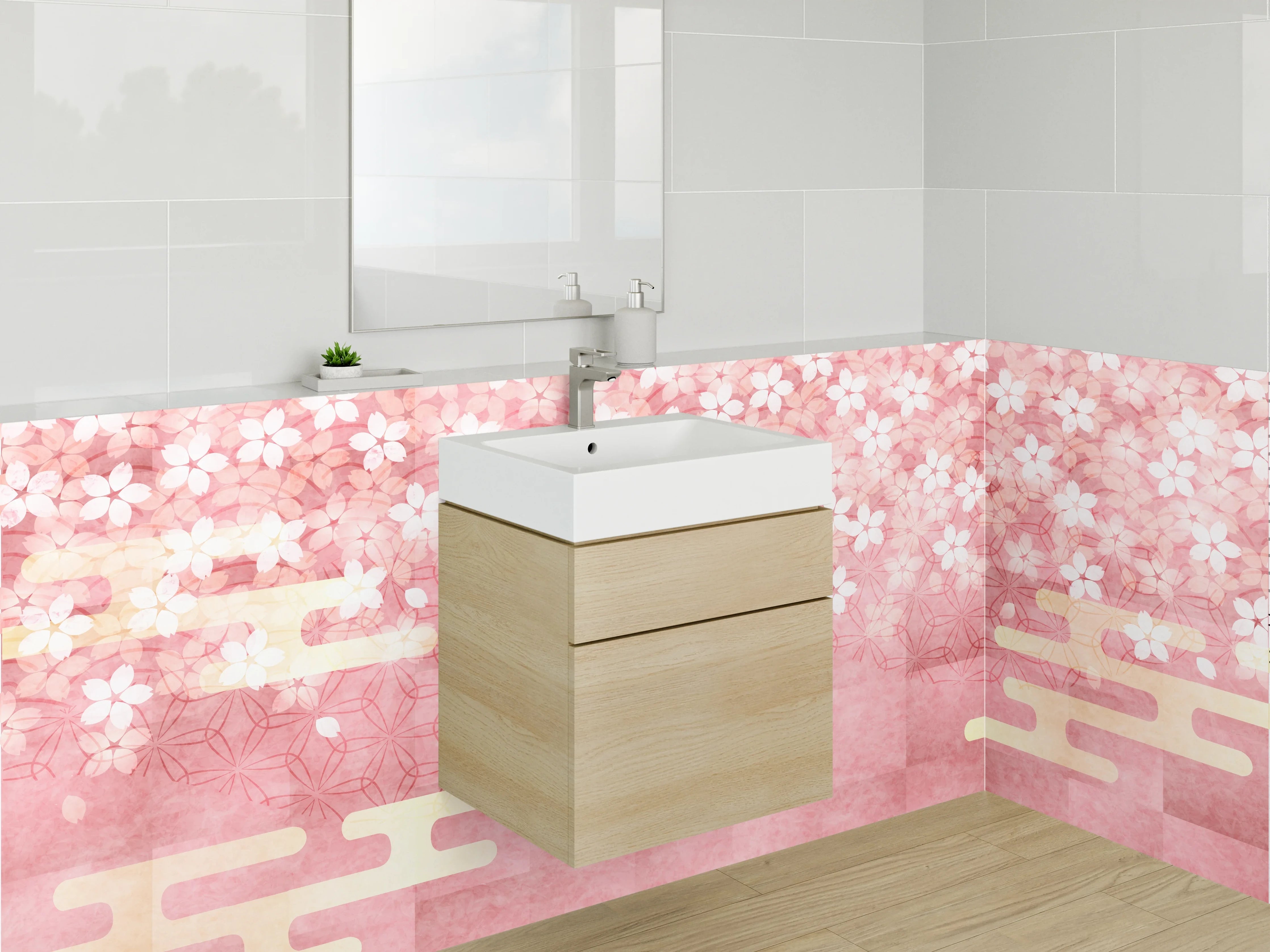 Waschbecken-Rückwand - Japanische Kirschblüten Aquarell Rosa
