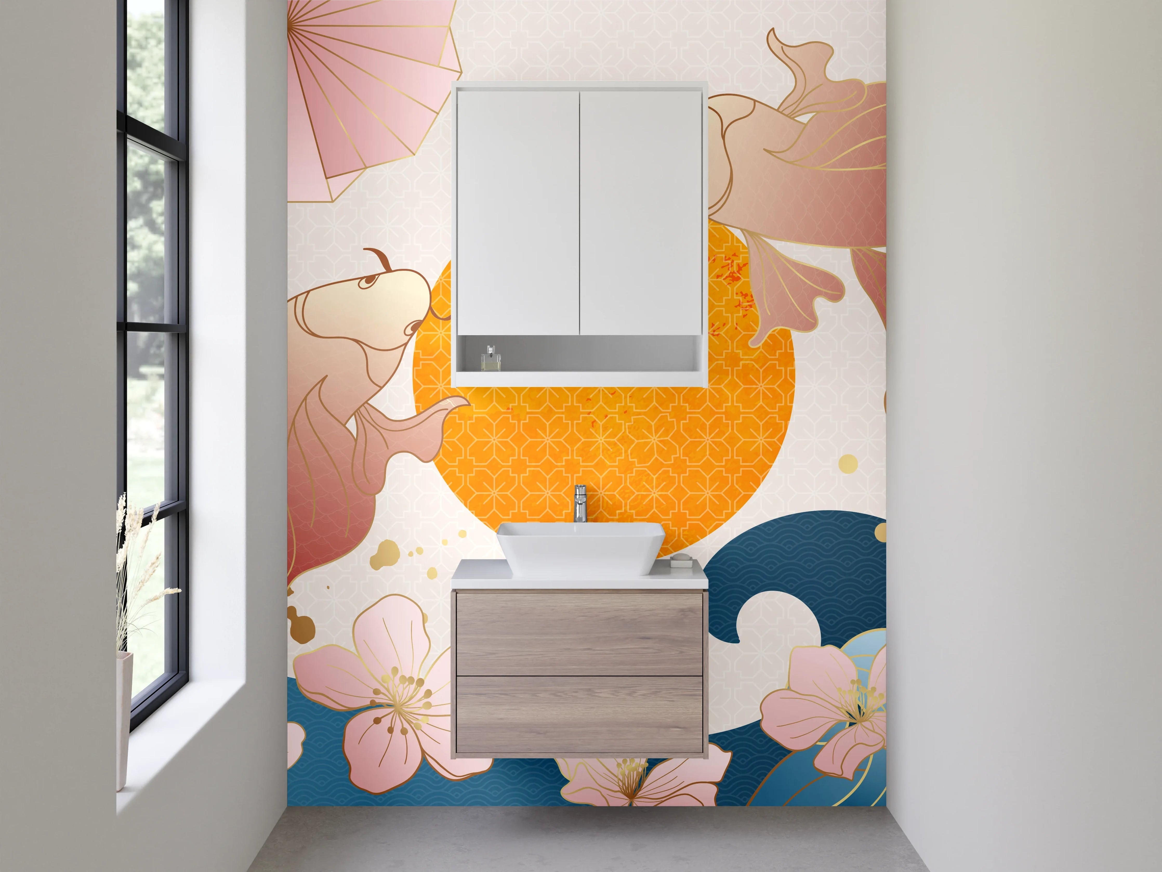 Waschbecken-Rückwand - Japanische Koi Kunst auf Wellen