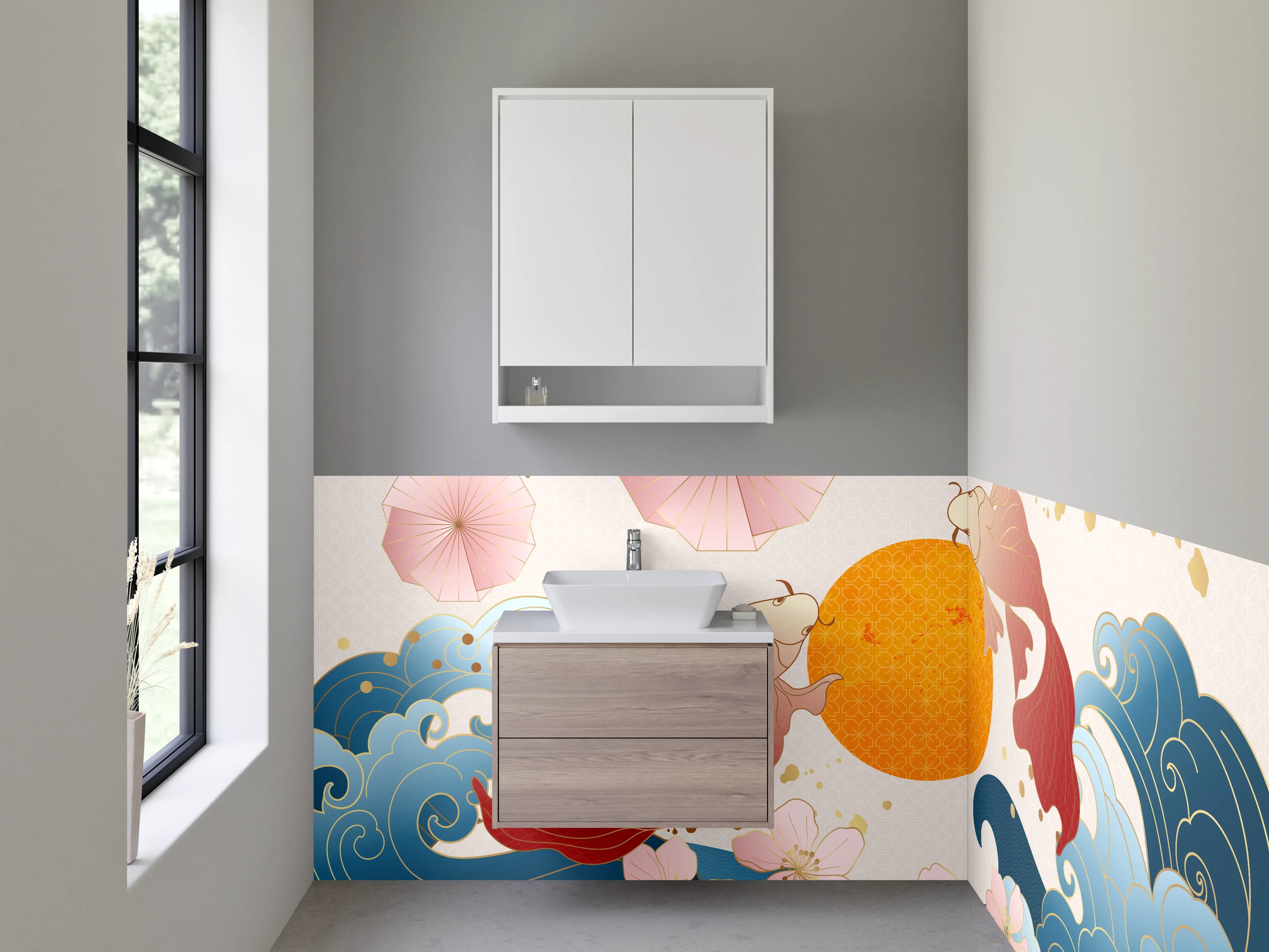 Waschbecken-Rückwand - Japanische Koi & Wellen Kunstmotiv