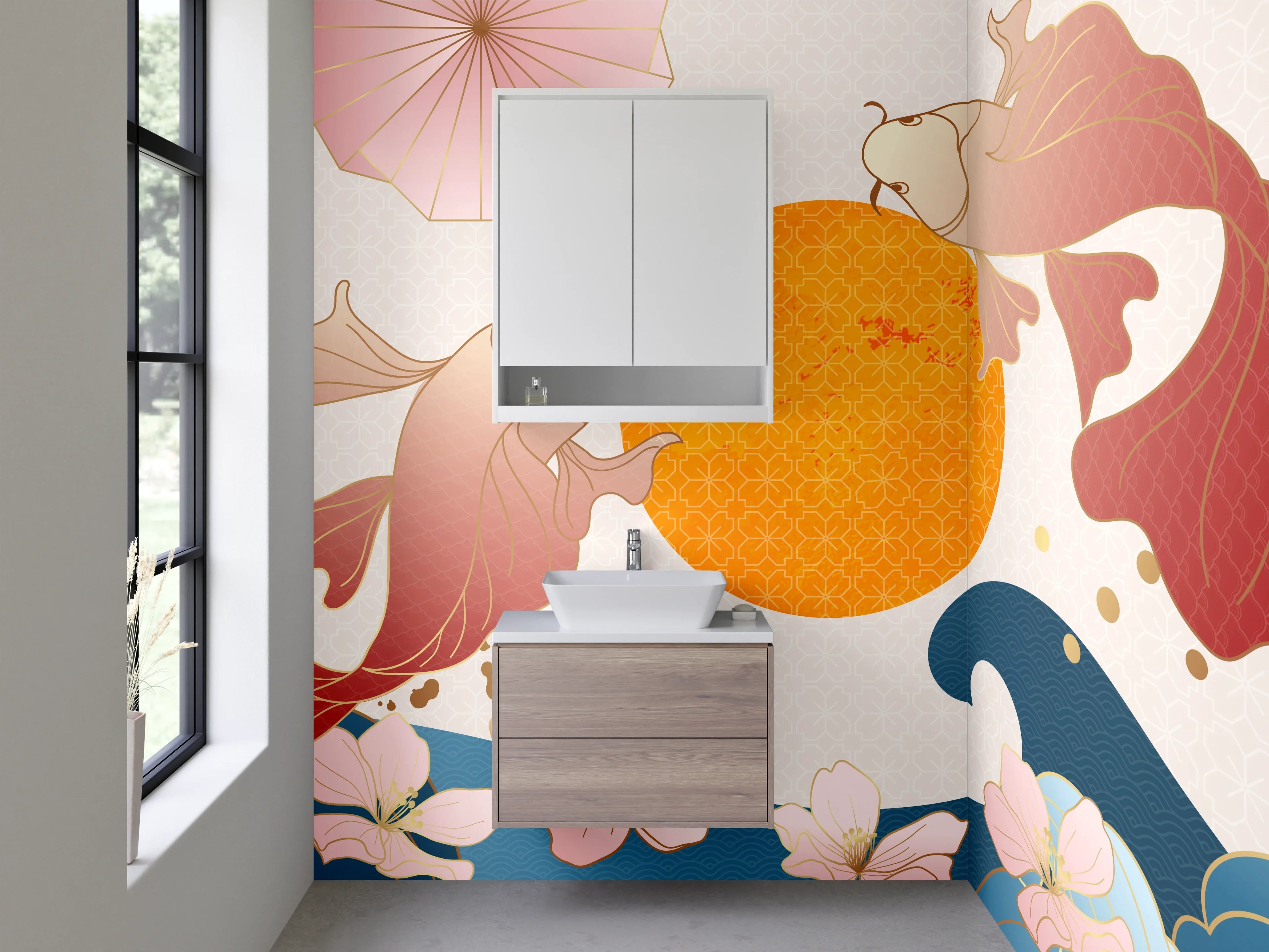 Waschbecken-Rückwand - Japanische Koi & Wellen Kunstmotiv