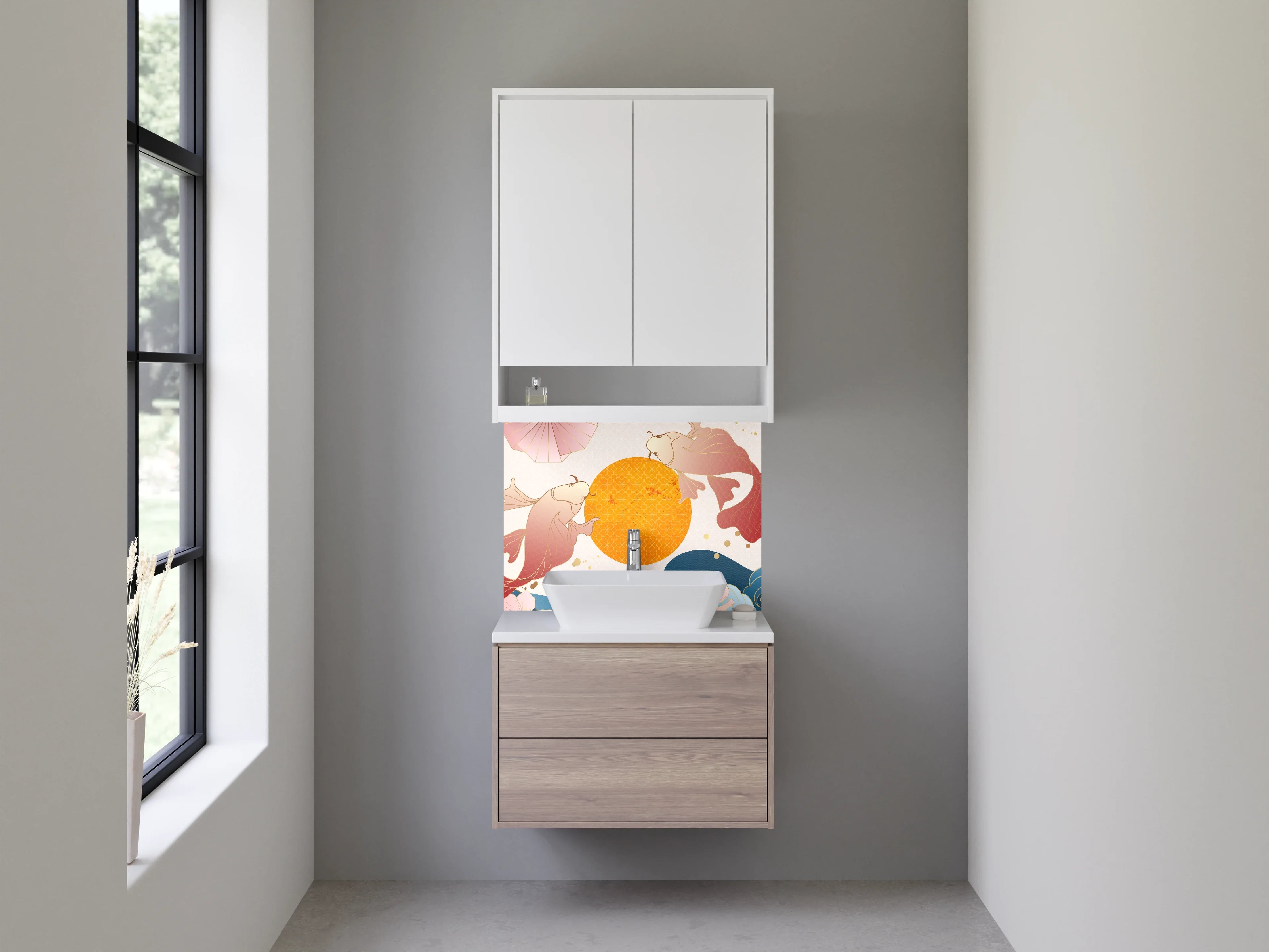 Waschbecken-Rückwand - Japanische Koi & Wellen Kunstmotiv