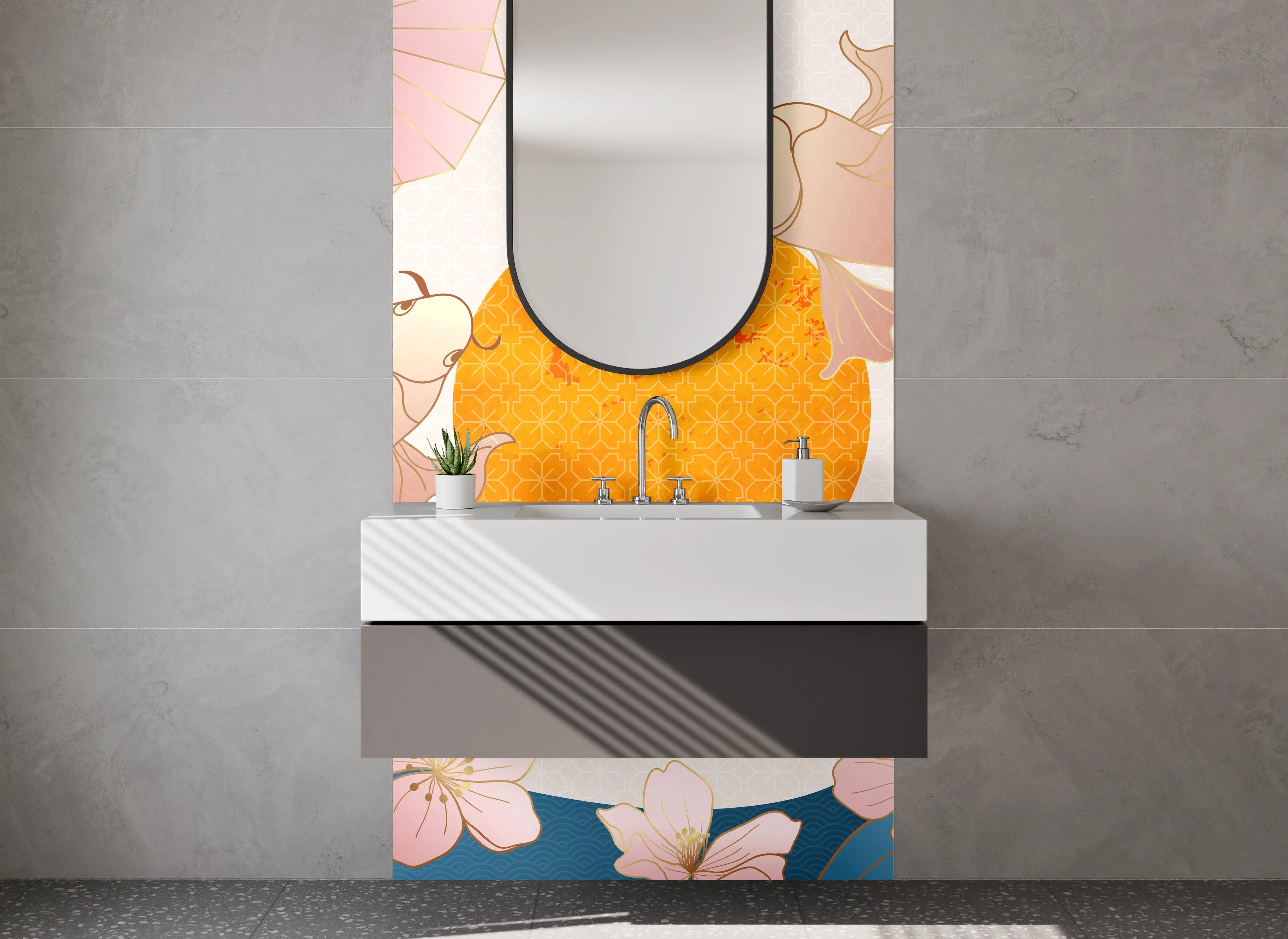 Waschbecken-Rückwand - Japanische Koi & Wellen Kunstmotiv