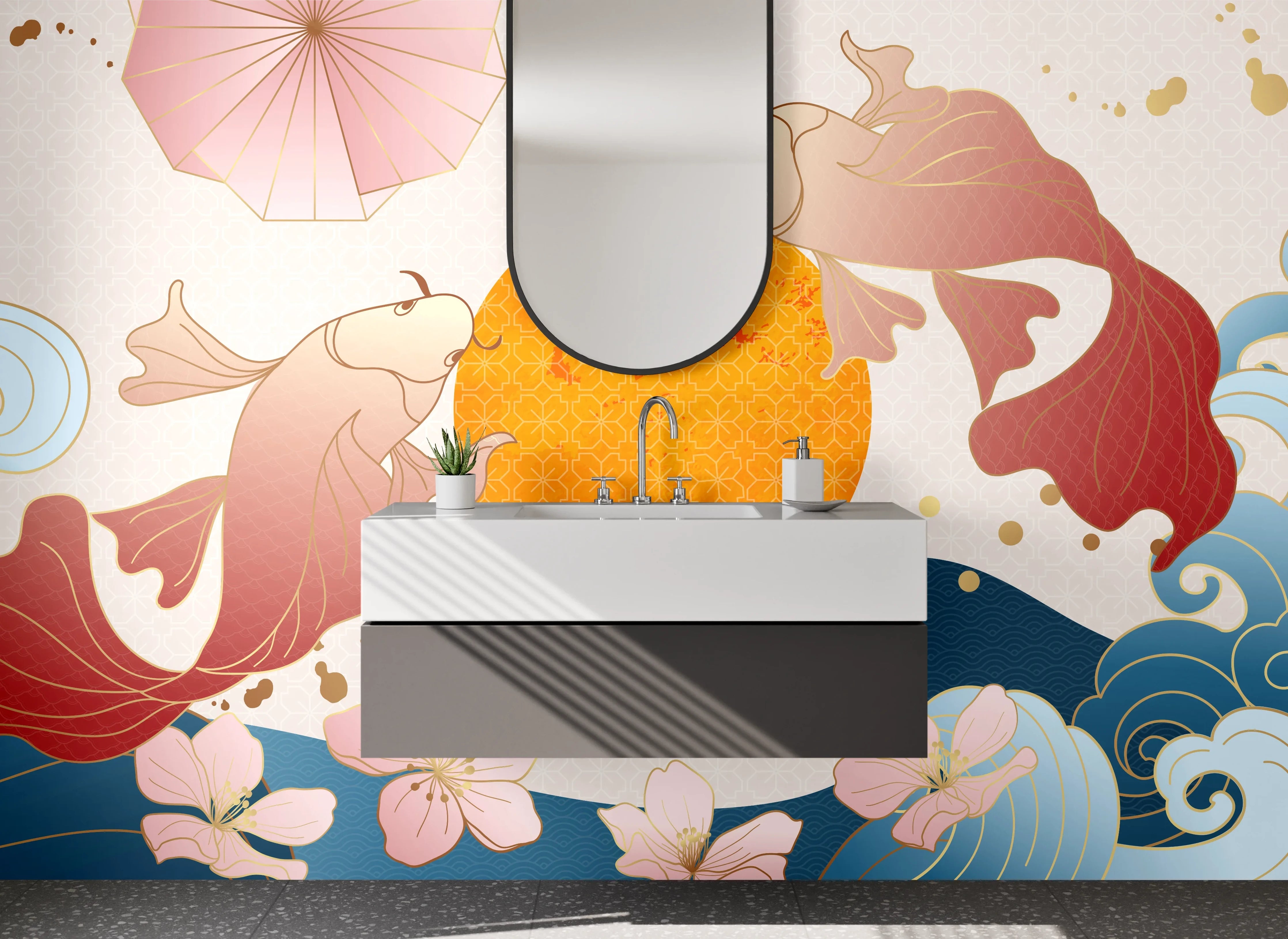 Waschbecken-Rückwand - Japanische Koi & Wellen Kunstmotiv