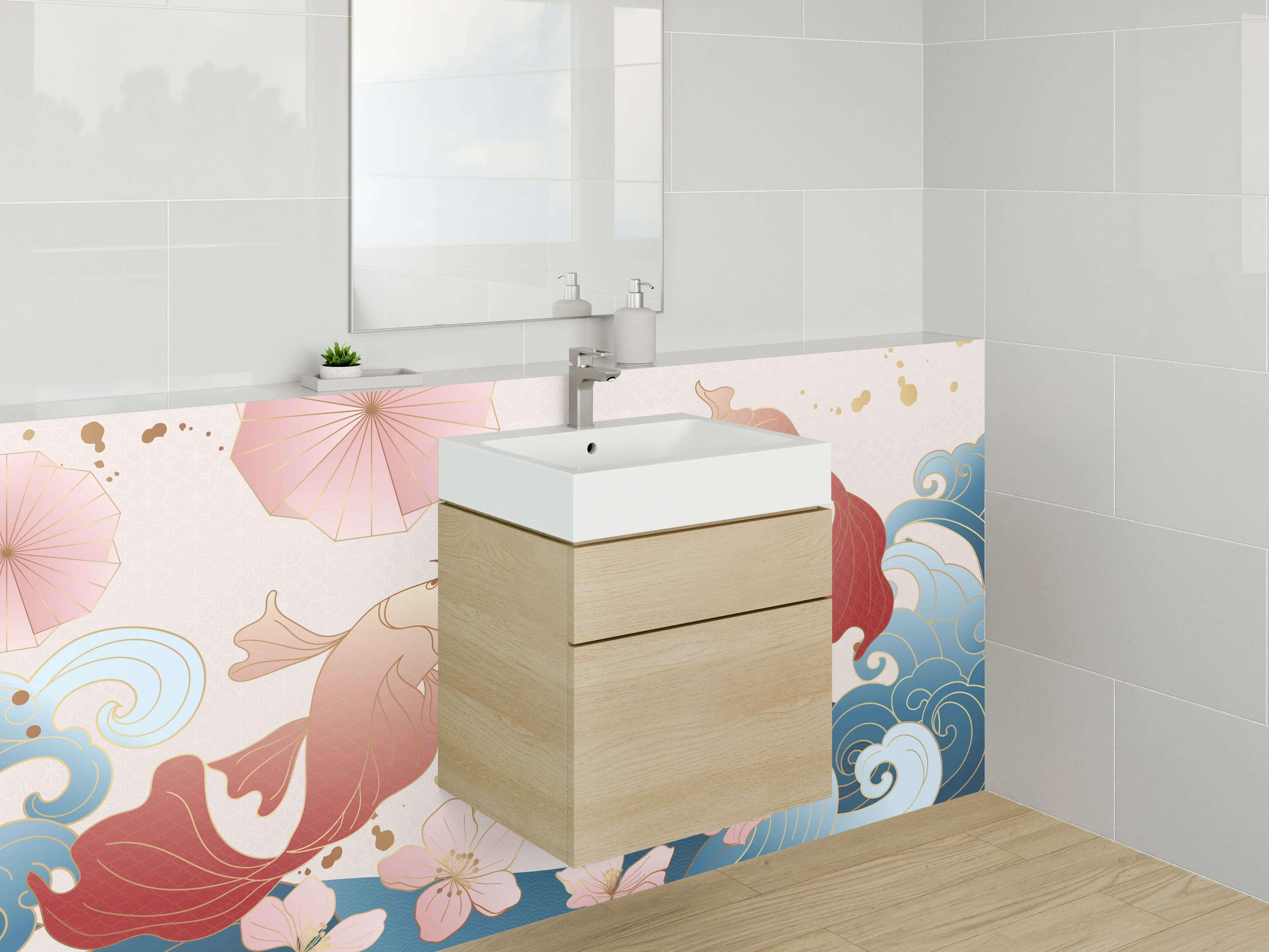 Waschbecken-Rückwand - Japanische Koi & Wellen Kunstmotiv