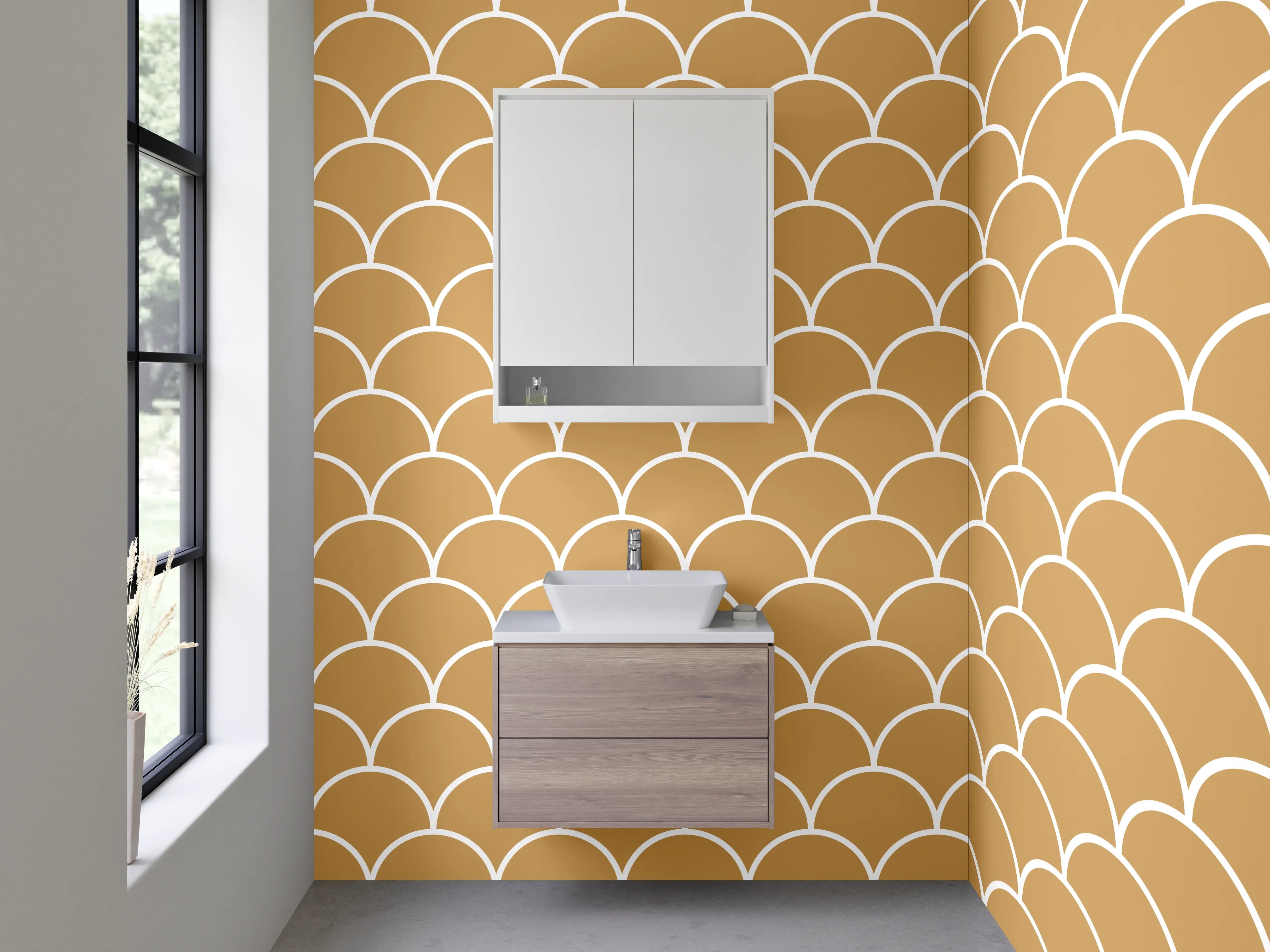 Waschbecken-Rückwand - Japanische Wellen in Beige-Grauweiß