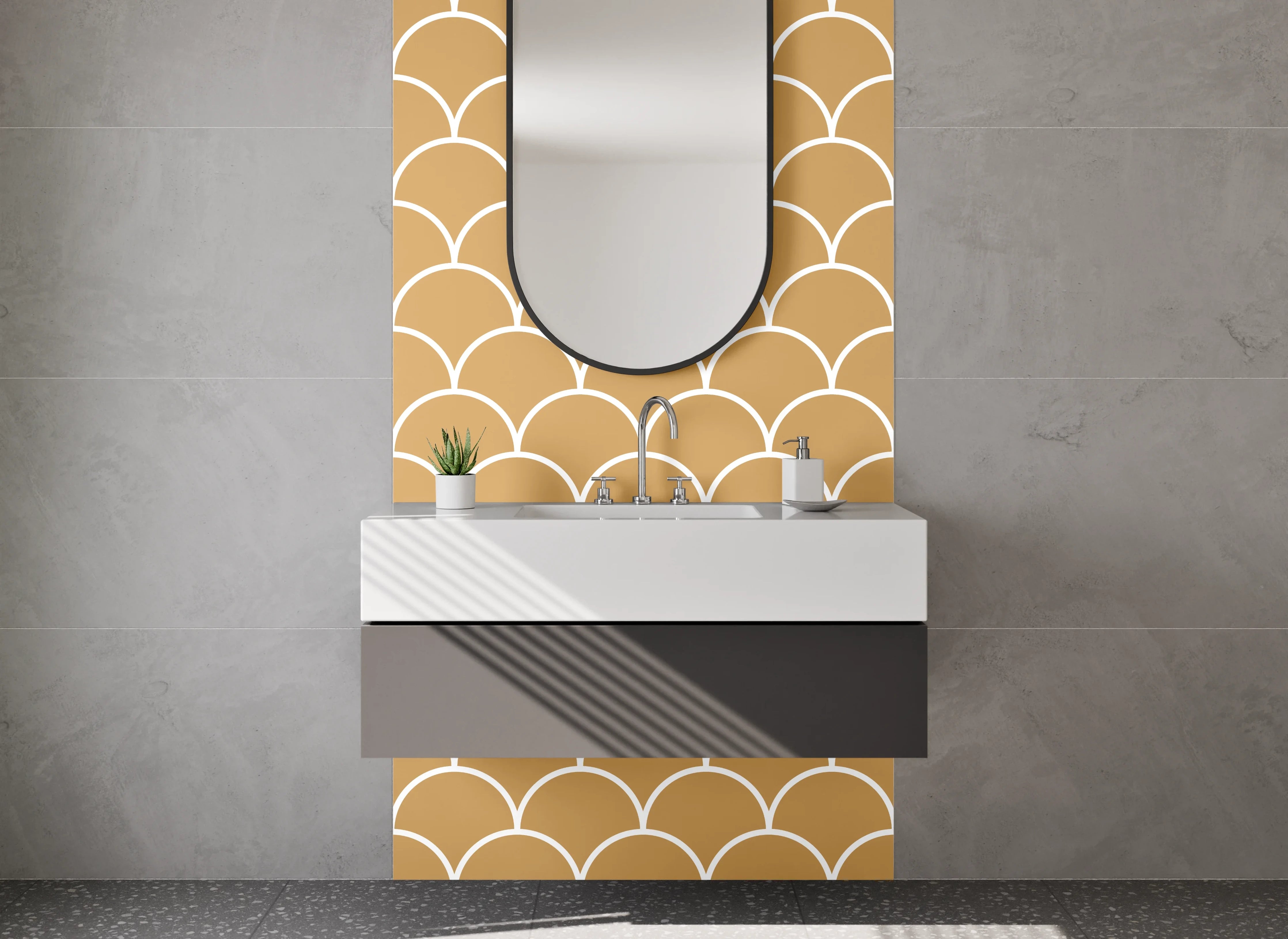 Waschbecken-Rückwand - Japanische Wellen in Beige-Grauweiß