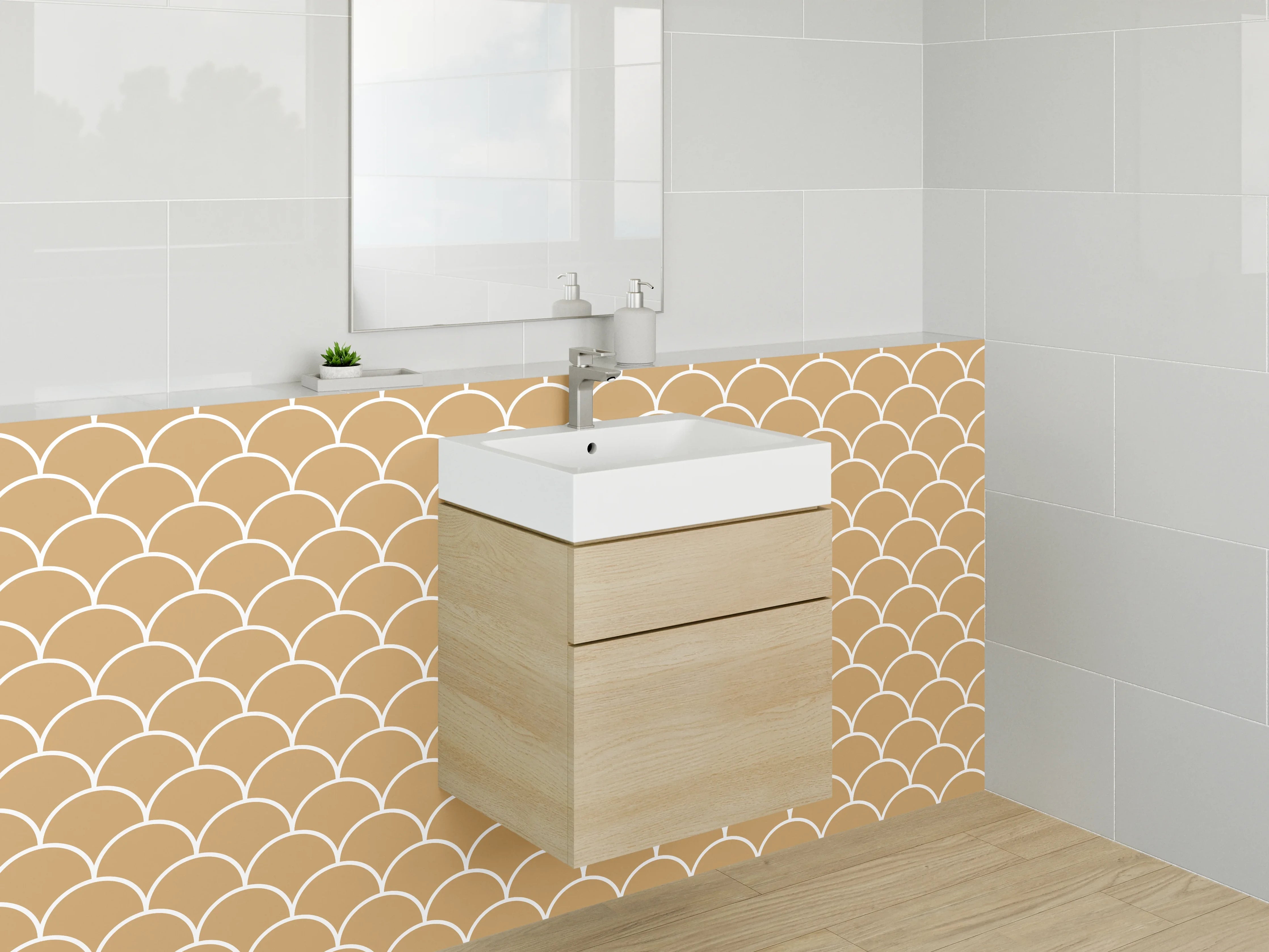 Waschbecken-Rückwand - Japanische Wellen in Beige-Grauweiß