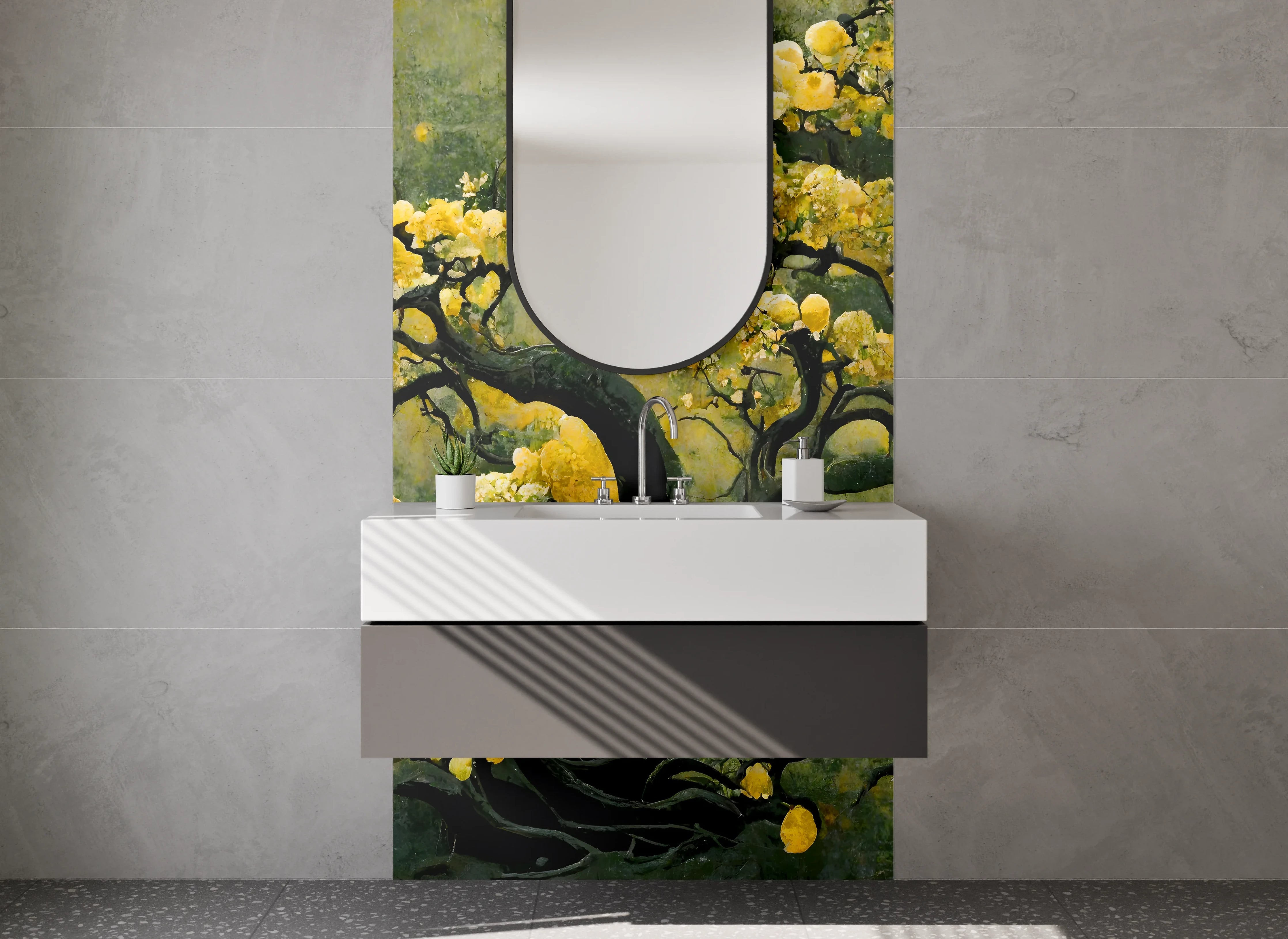 Waschbecken-Rückwand - Japanischer Baum mit goldenen Blüten