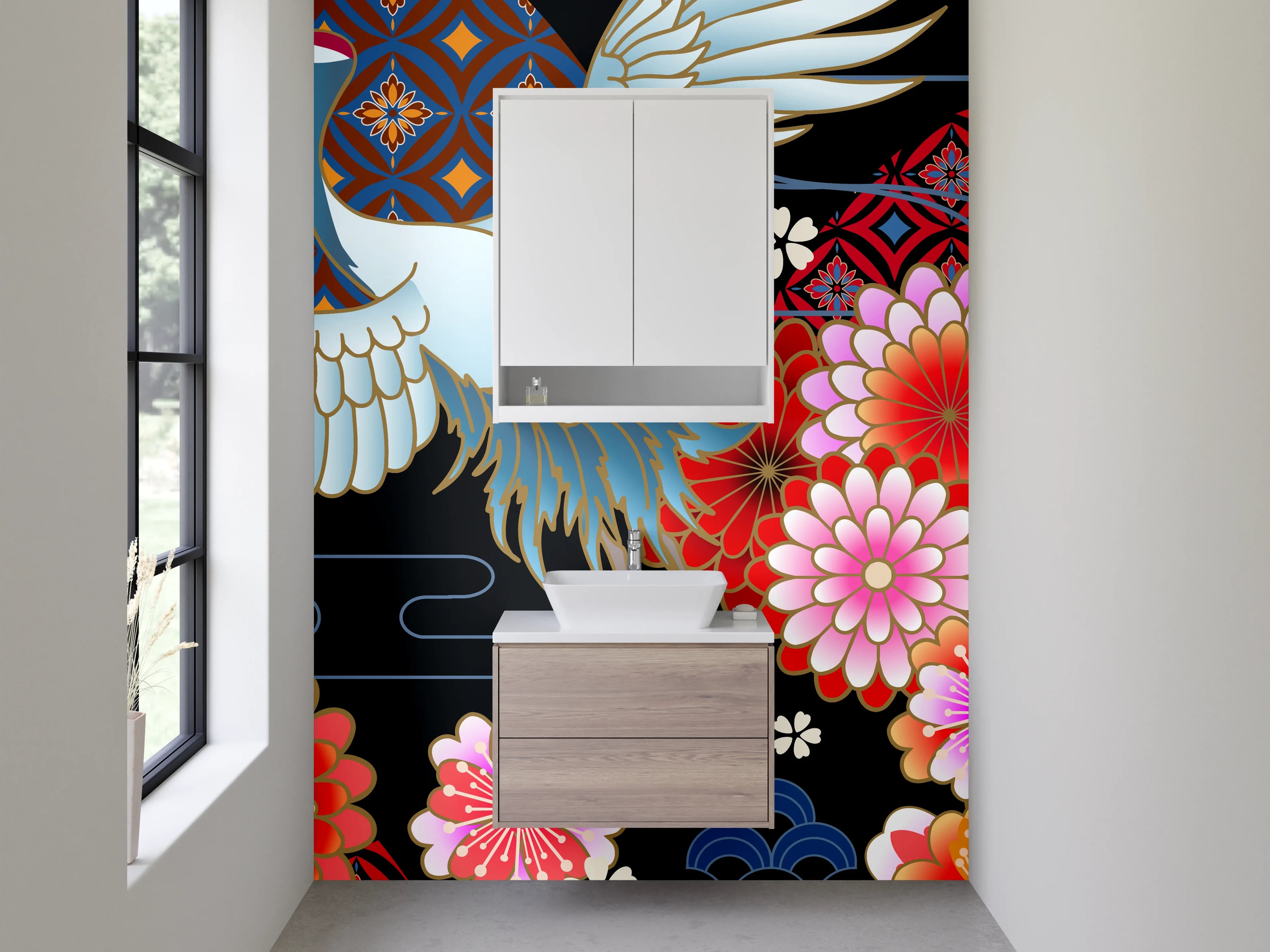 Waschbecken-Rückwand - Japanischer Kranich & Kirschblüten Design