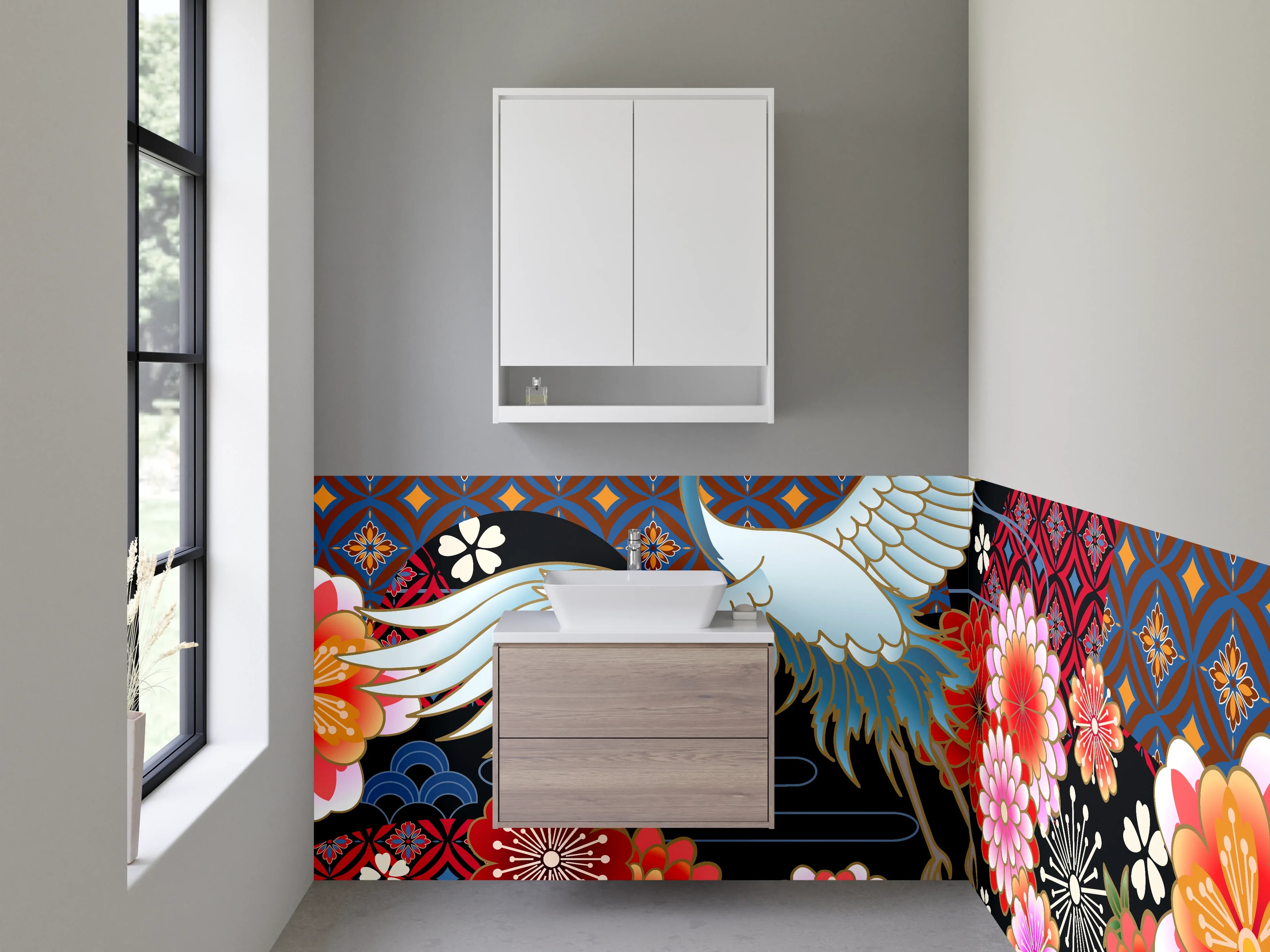 Waschbecken-Rückwand - Japanischer Kranich & Kirschblüten Design