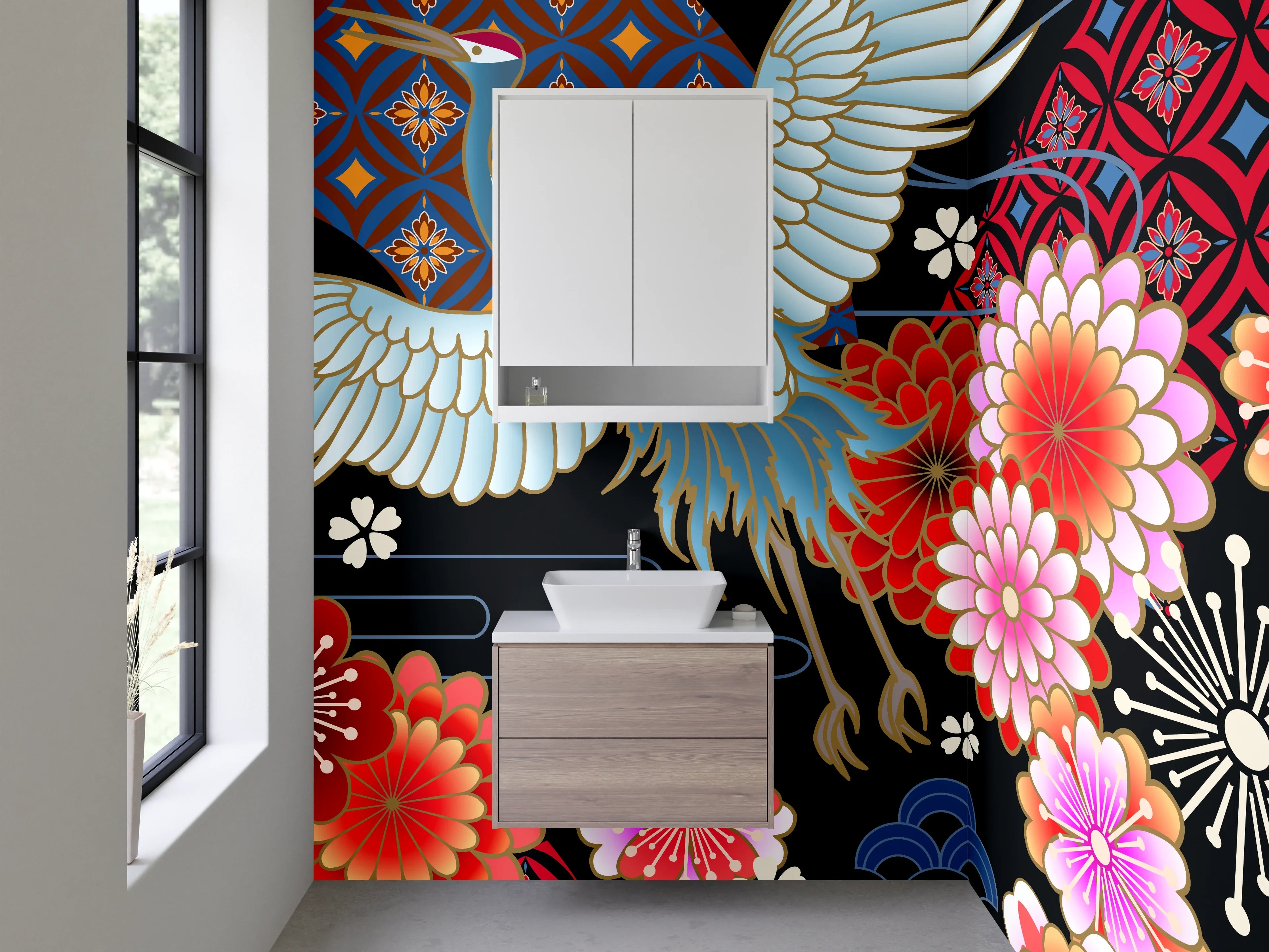 Waschbecken-Rückwand - Japanischer Kranich & Kirschblüten Design
