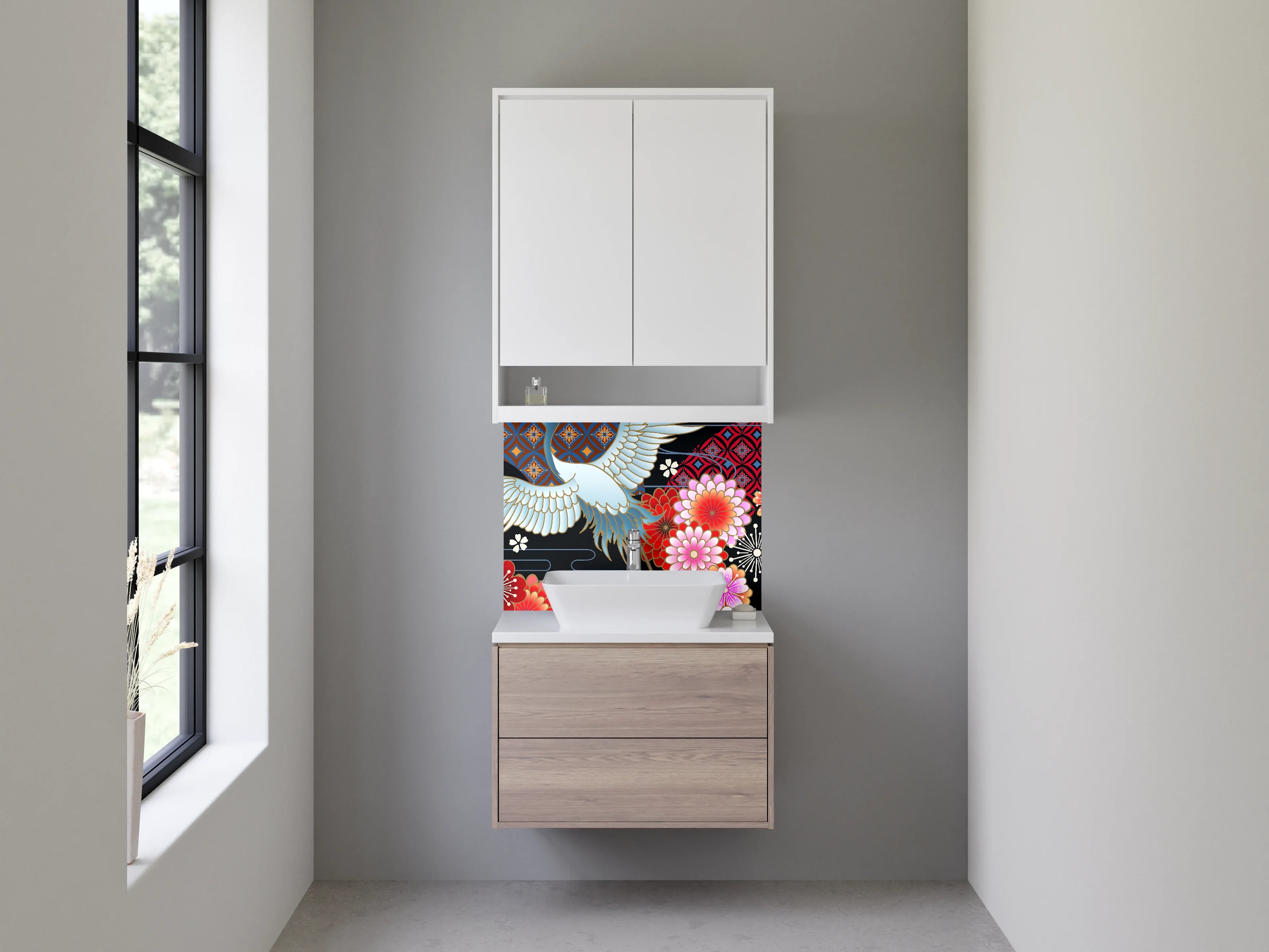 Waschbecken-Rückwand - Japanischer Kranich & Kirschblüten Design