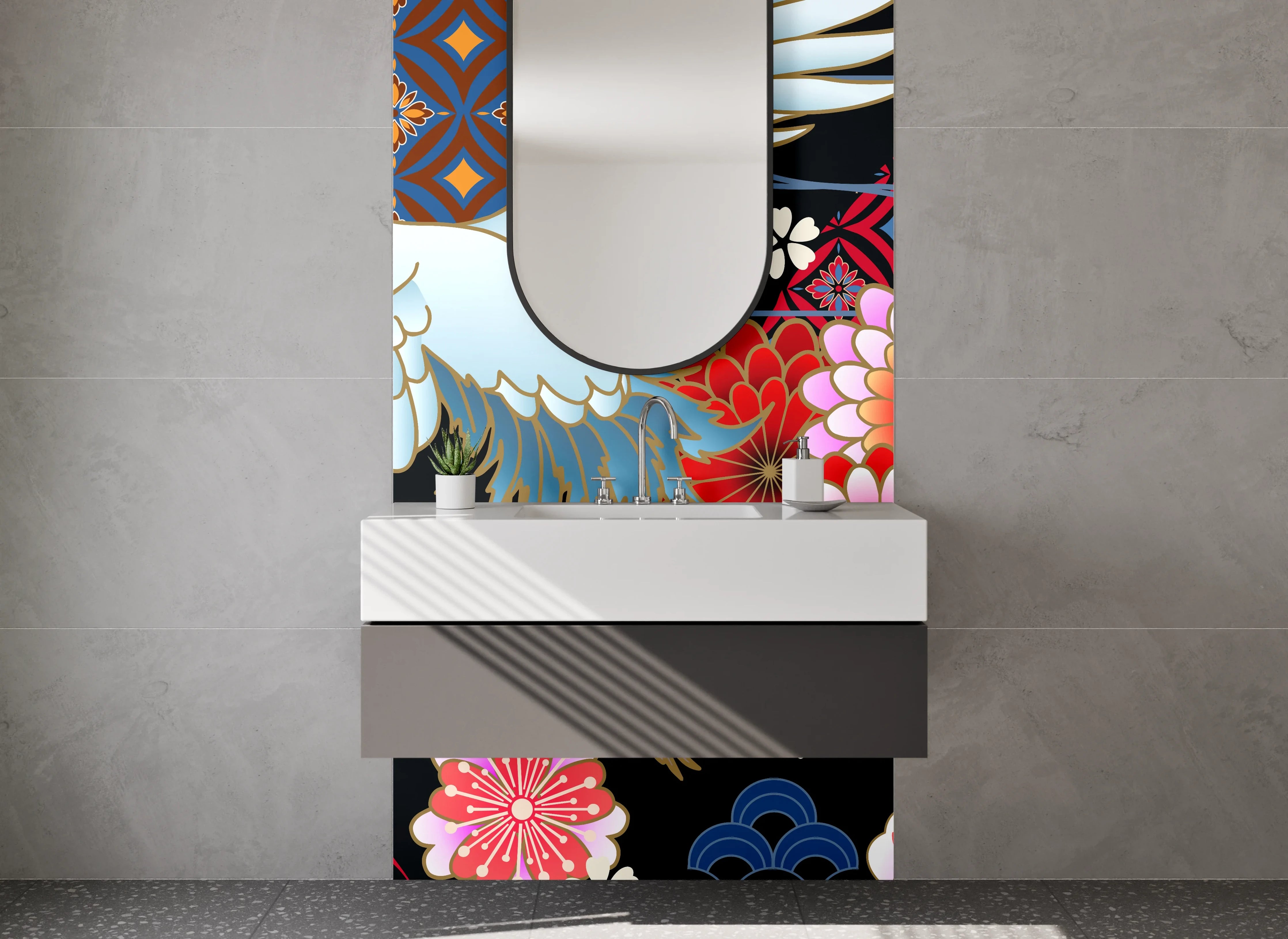 Waschbecken-Rückwand - Japanischer Kranich & Kirschblüten Design