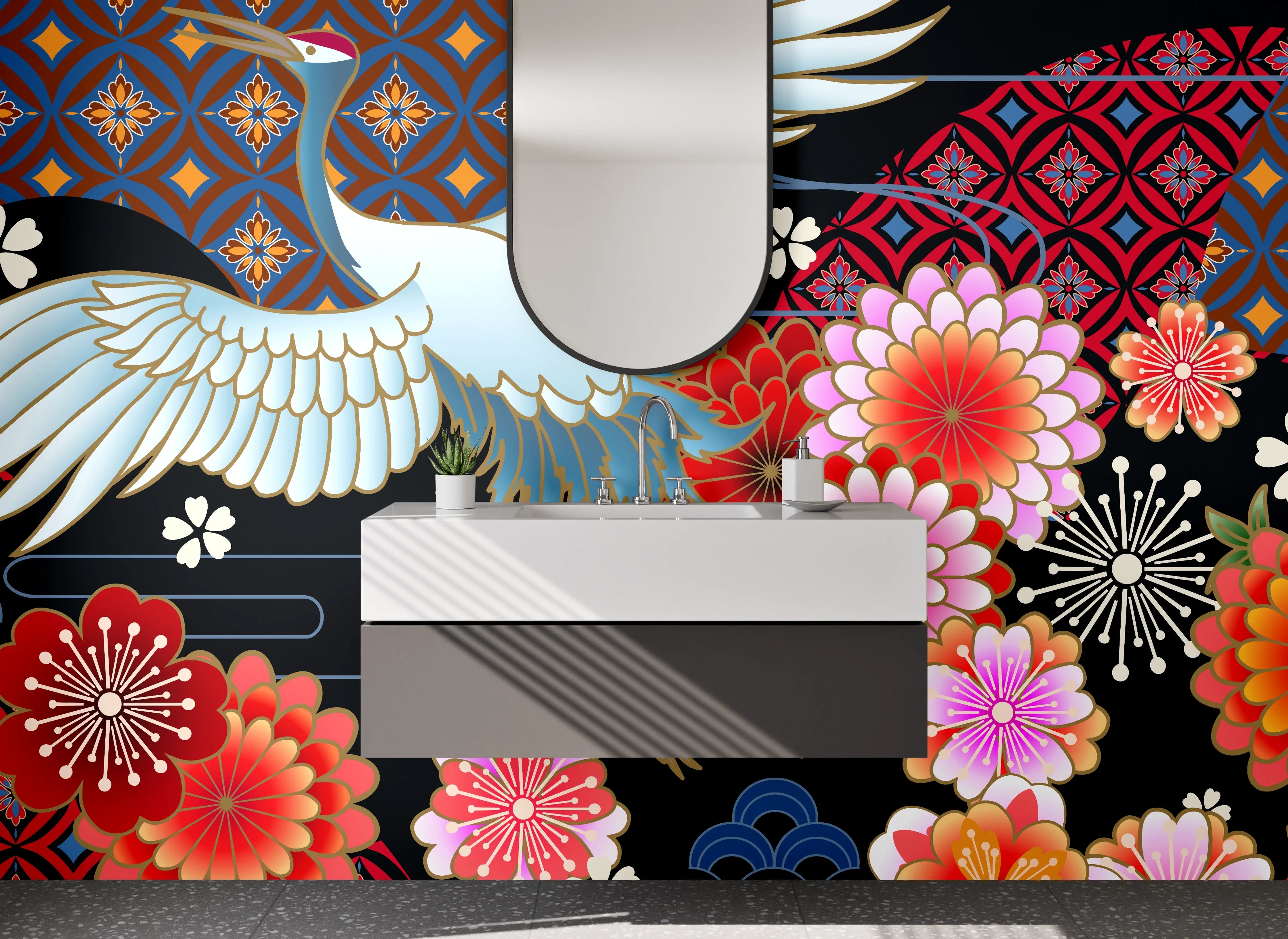 Waschbecken-Rückwand - Japanischer Kranich & Kirschblüten Design