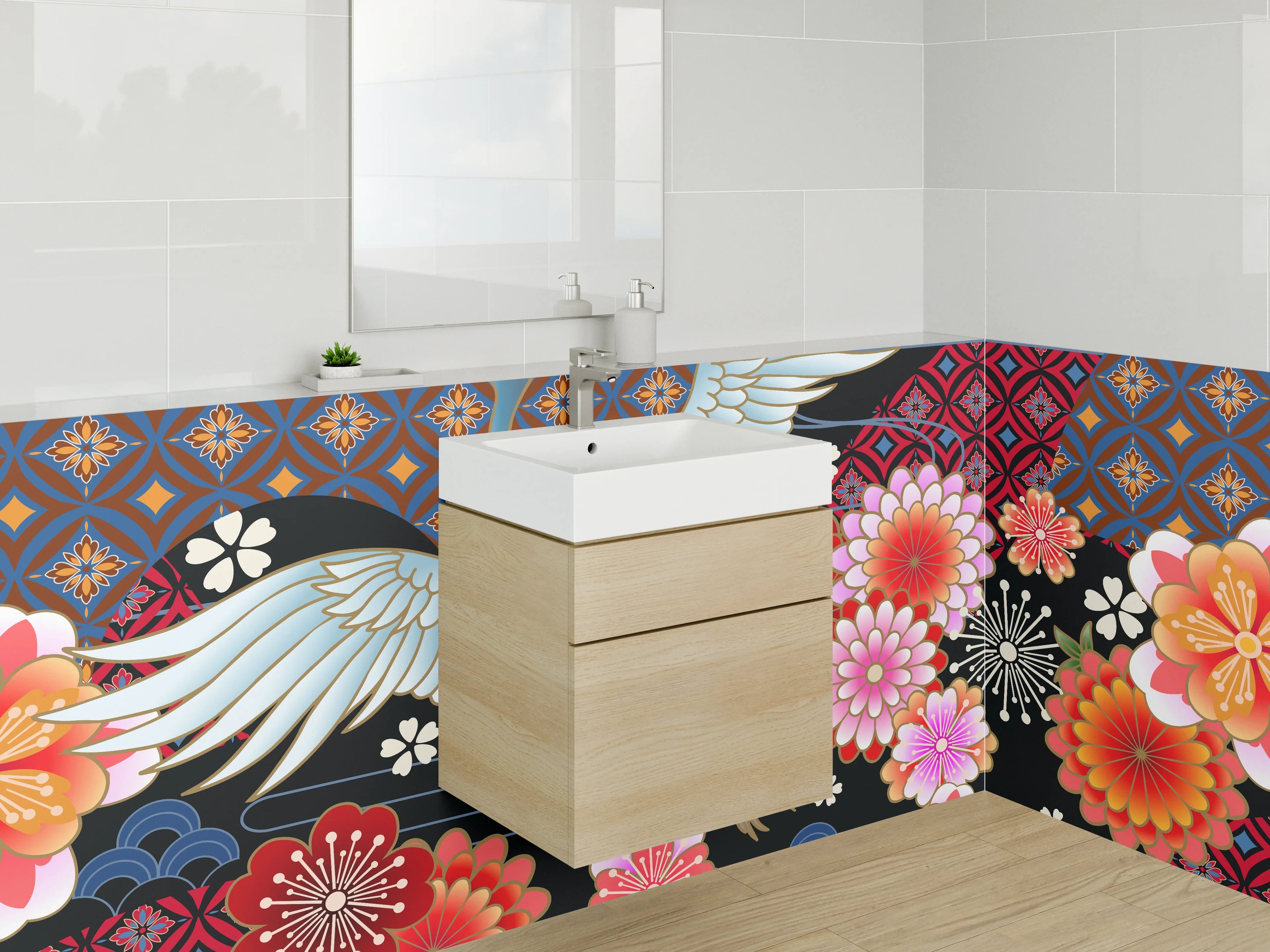 Waschbecken-Rückwand - Japanischer Kranich & Kirschblüten Design
