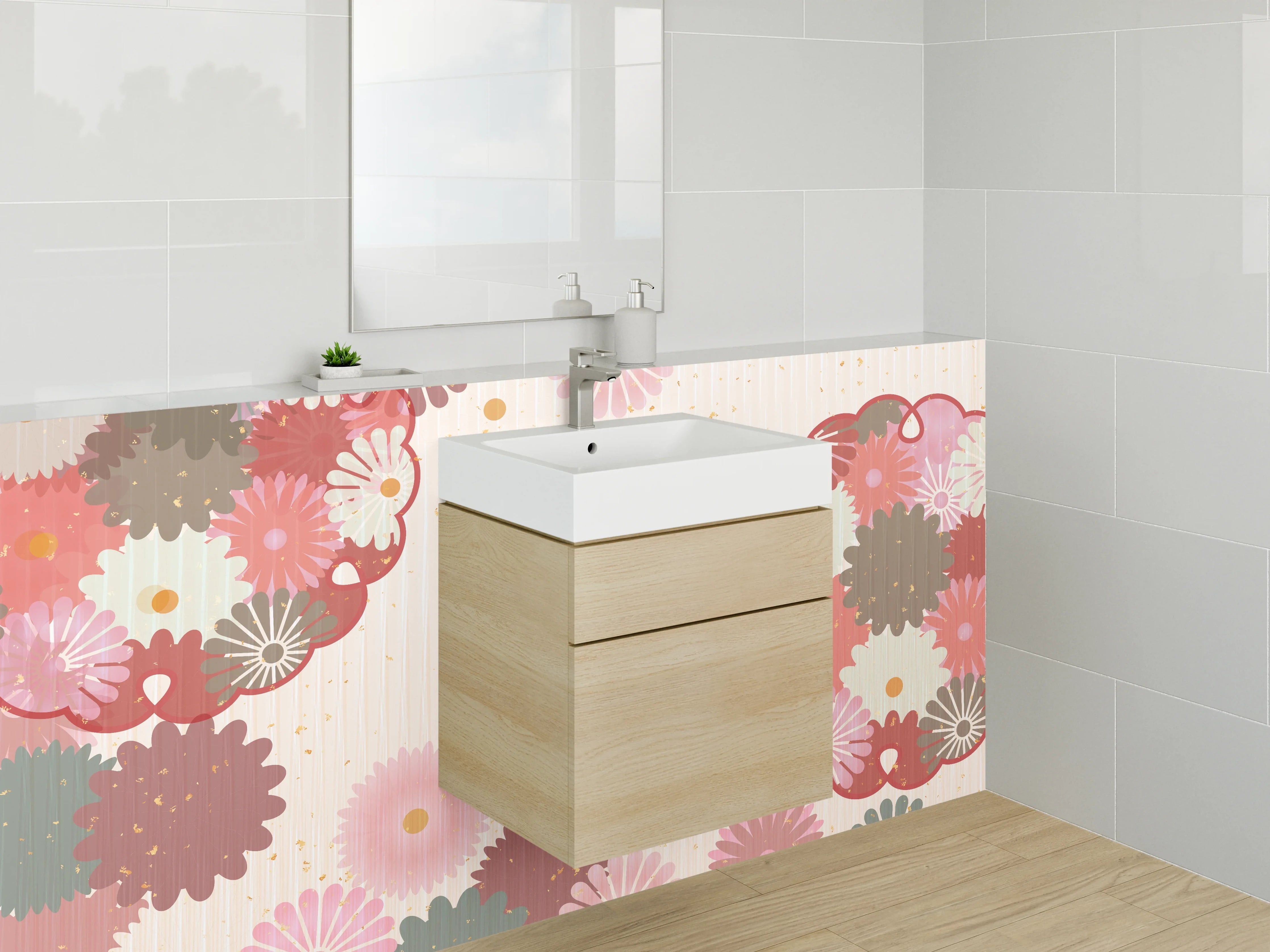 Waschbecken-Rückwand - Japanisches Blumenmuster Rosa Gold Beige