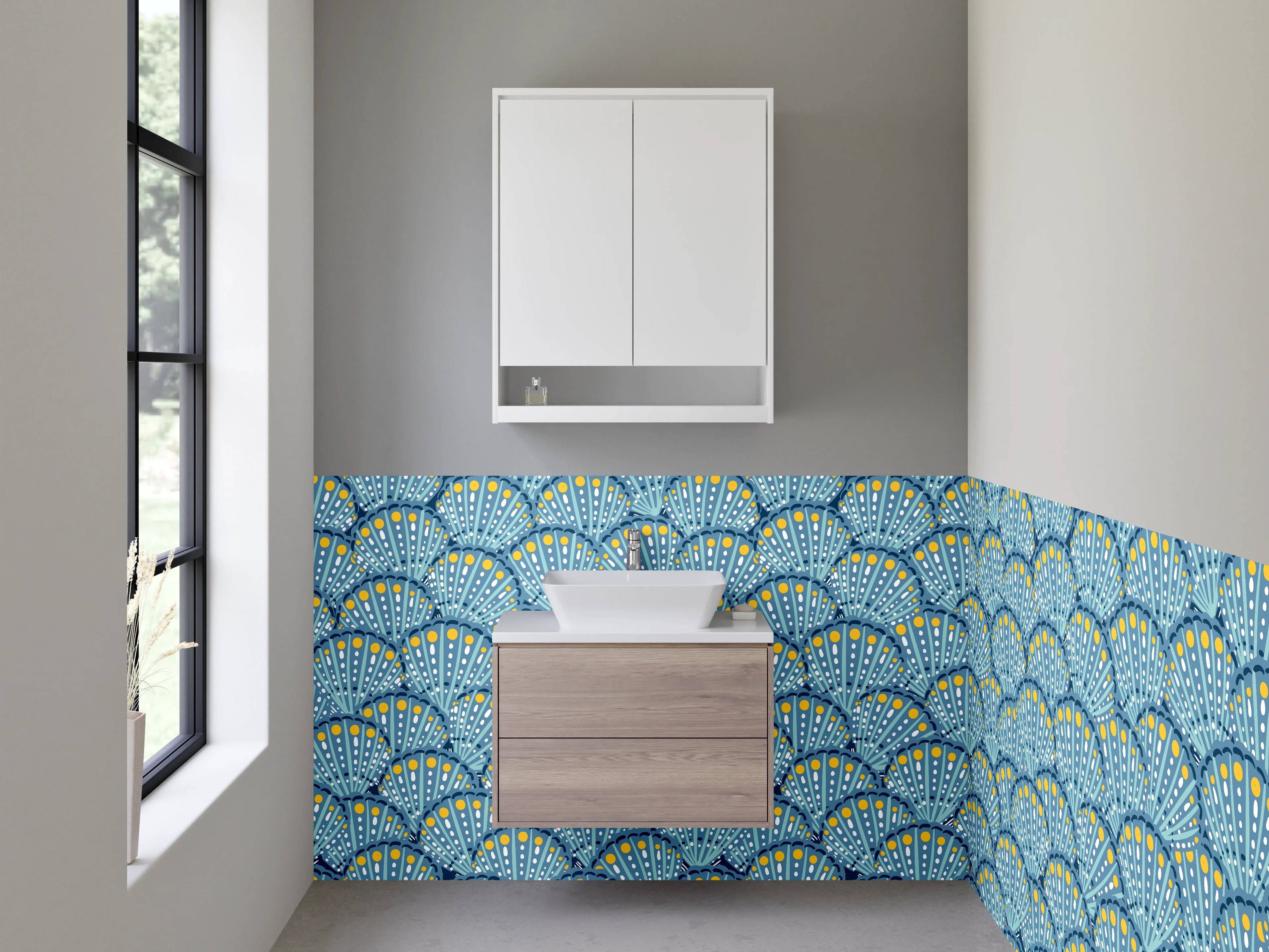 Waschbecken-Rückwand - Japanisches Fächer-Muster in Blau