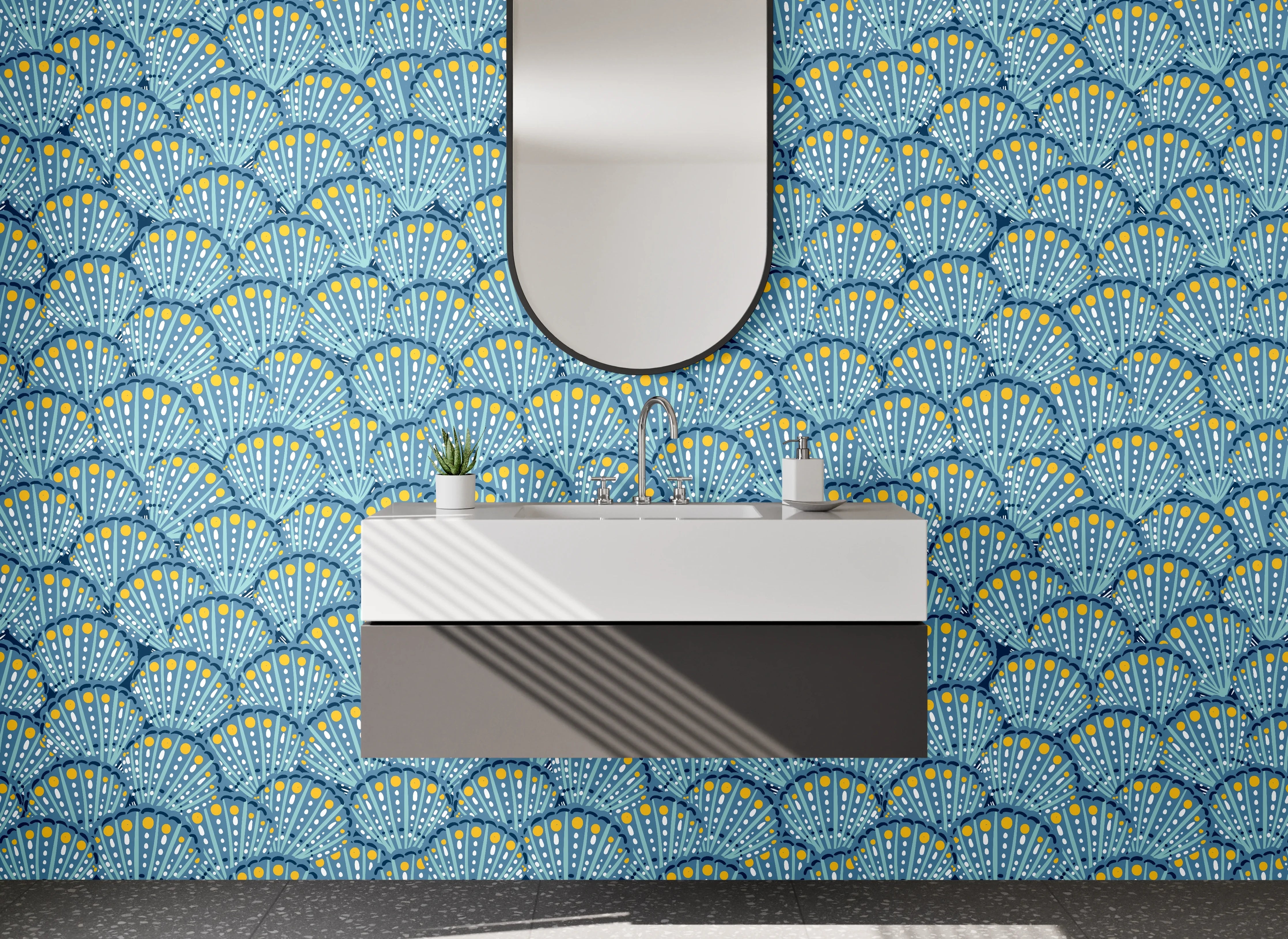 Waschbecken-Rückwand - Japanisches Fächer-Muster in Blau
