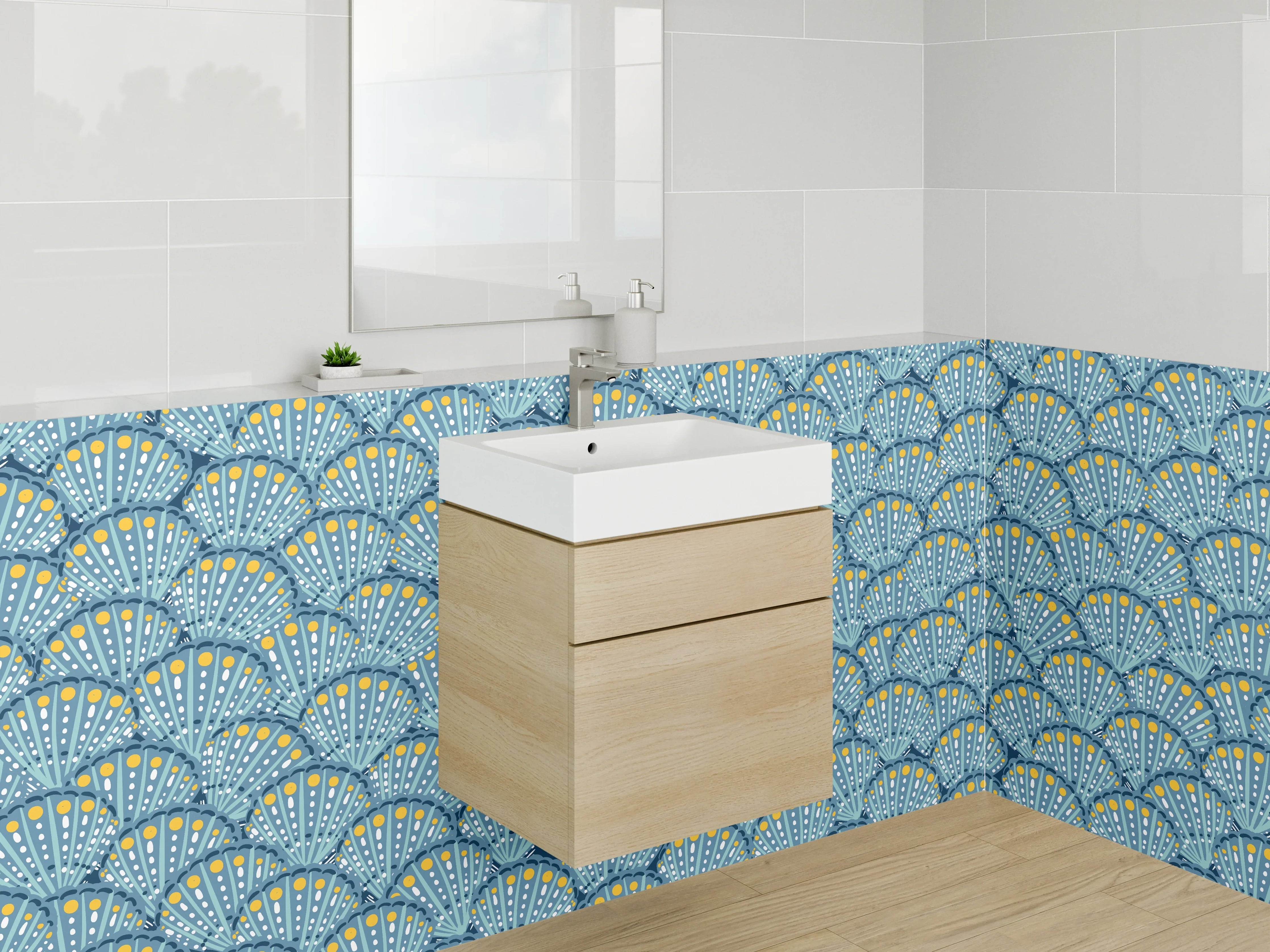 Waschbecken-Rückwand - Japanisches Fächer-Muster in Blau