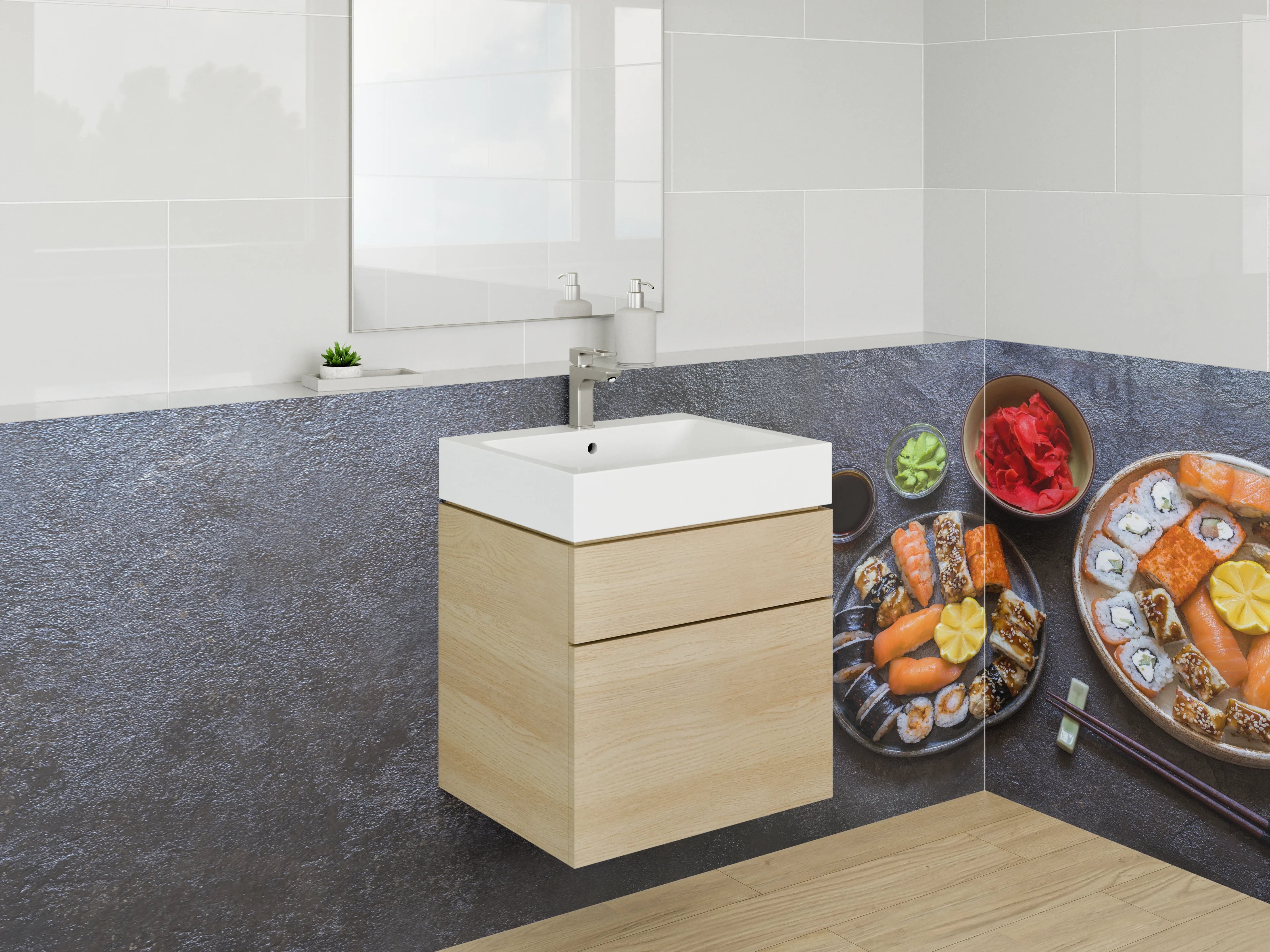 Waschbecken-Rückwand - Japanisches Sushi-Arrangement auf dunklem Stein