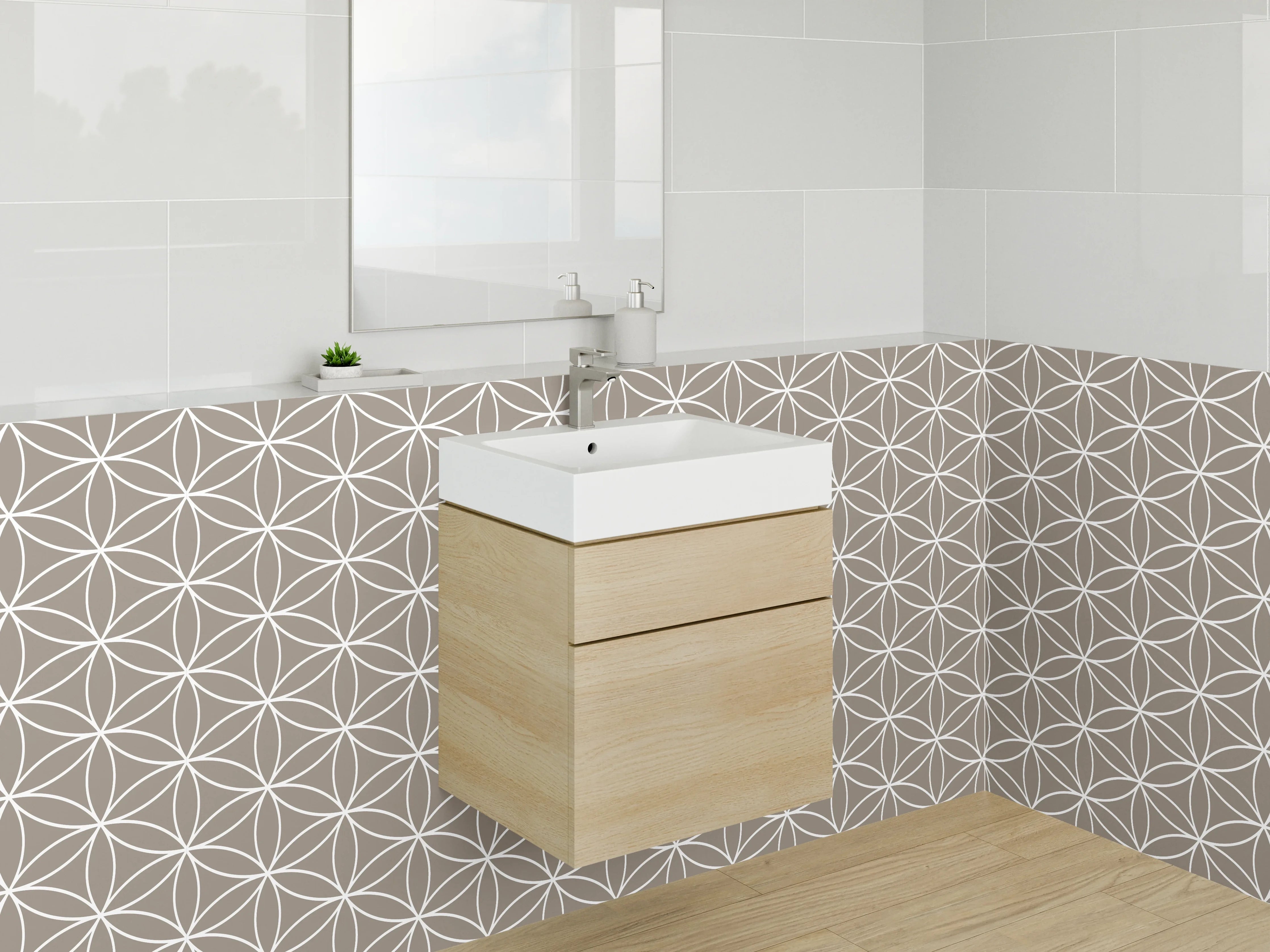 Waschbecken-Rückwand - Japanisches geometrisches Muster beige weiß