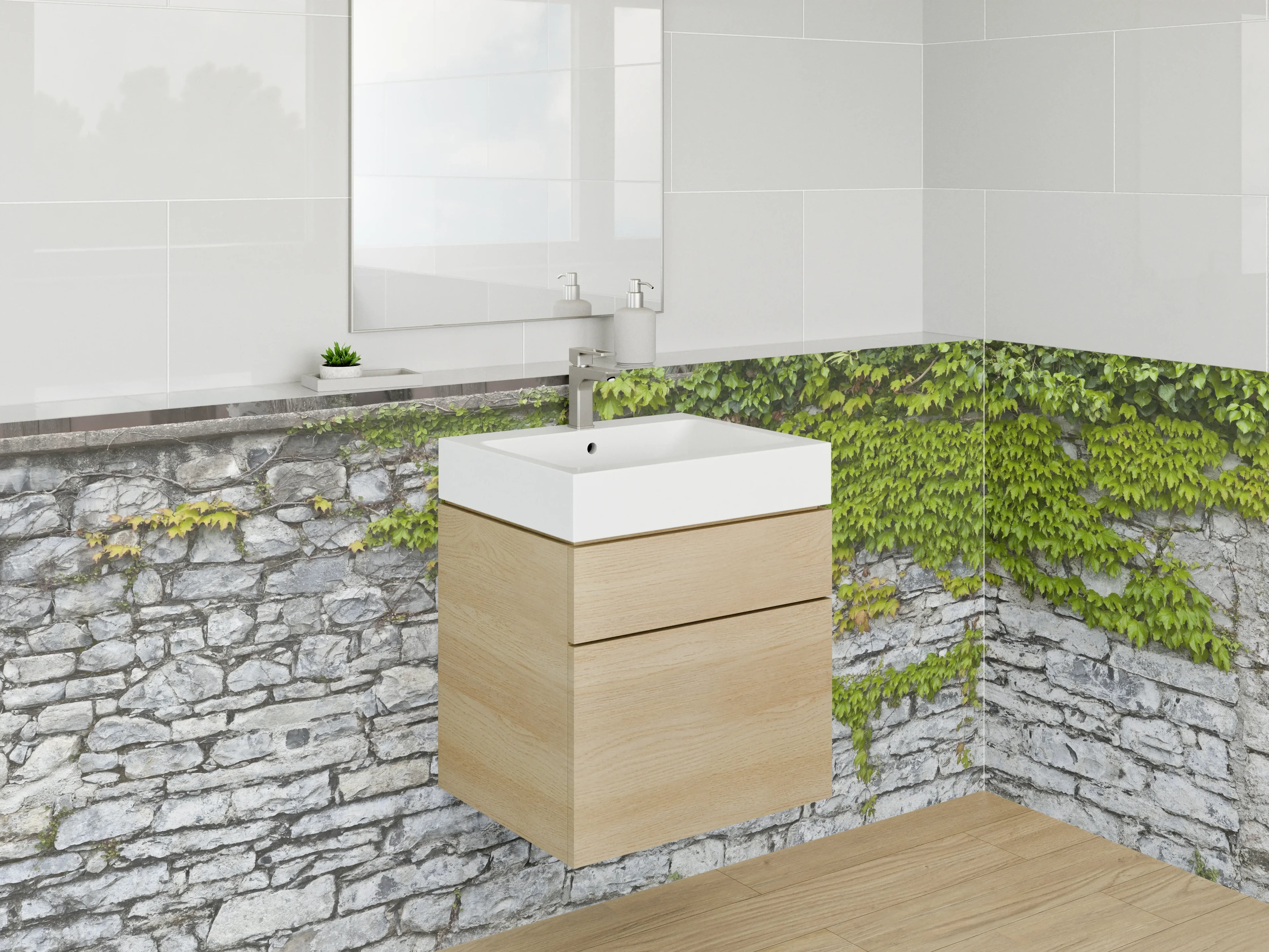 Waschbecken-Rückwand - Kalksteinmauer mit Kletterpflanze