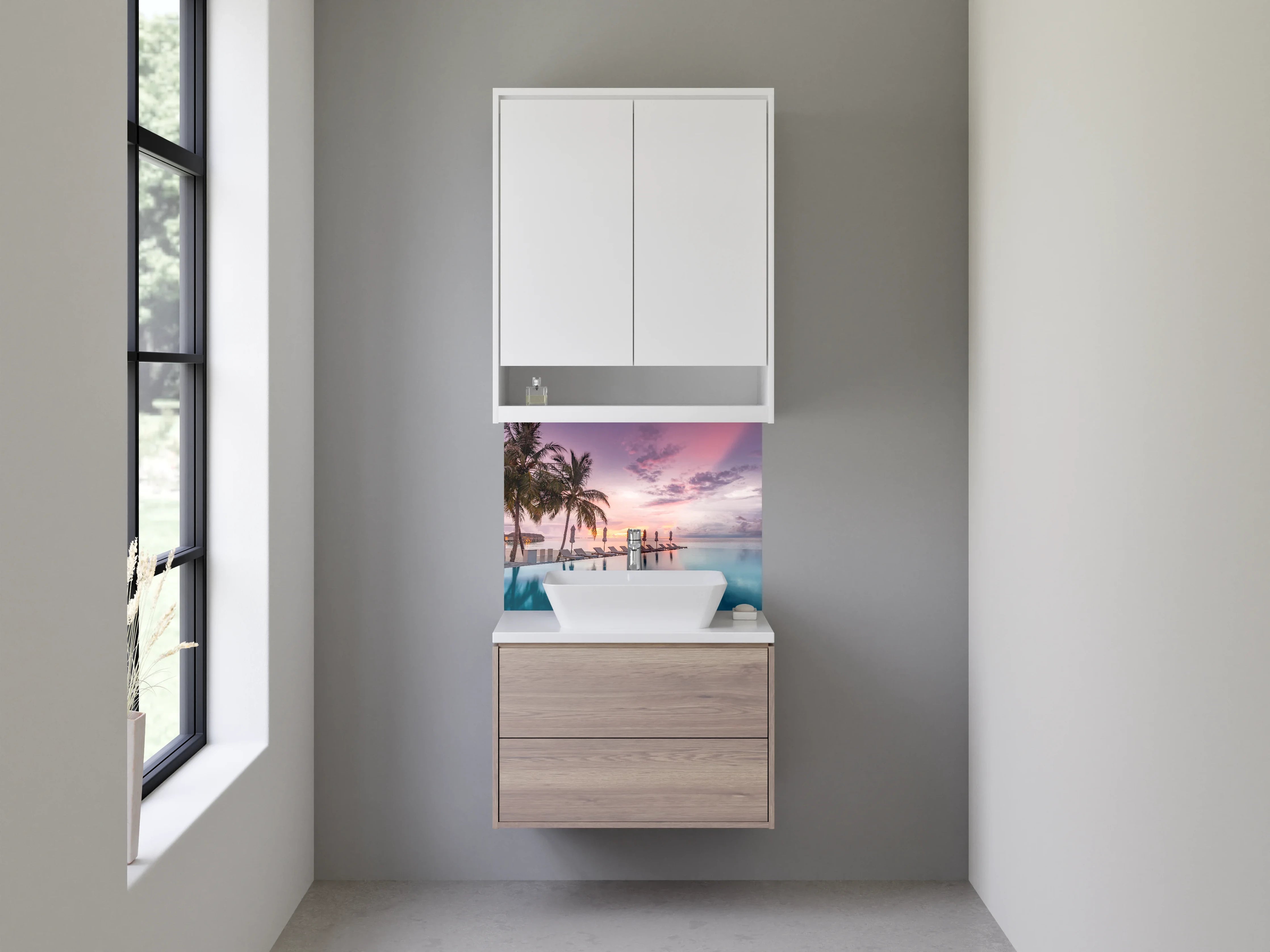 Waschbecken-Rückwand - Karibik Sonnenuntergang Pool Palmen Luxus