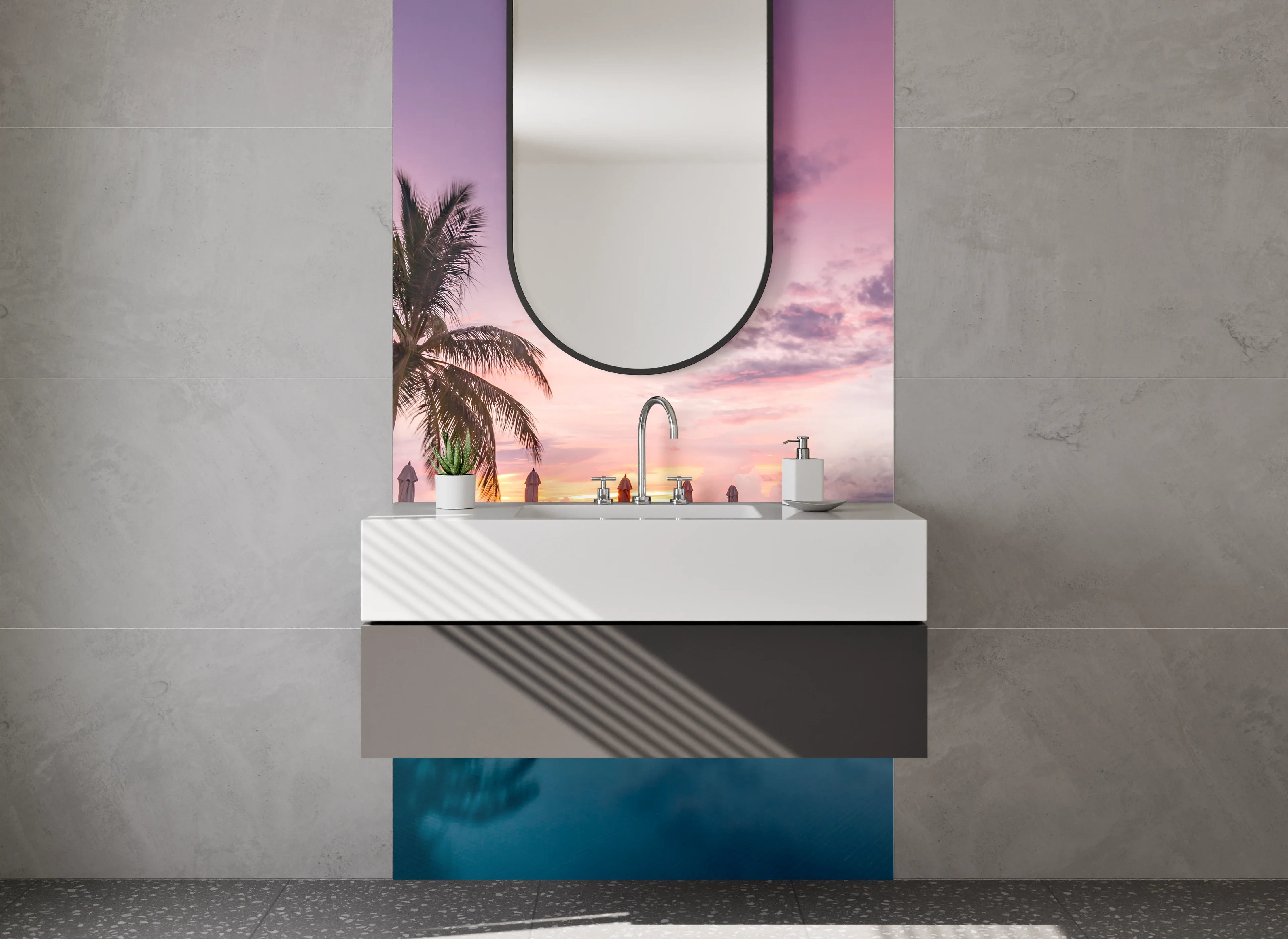 Waschbecken-Rückwand - Karibik Sonnenuntergang Pool Palmen Luxus