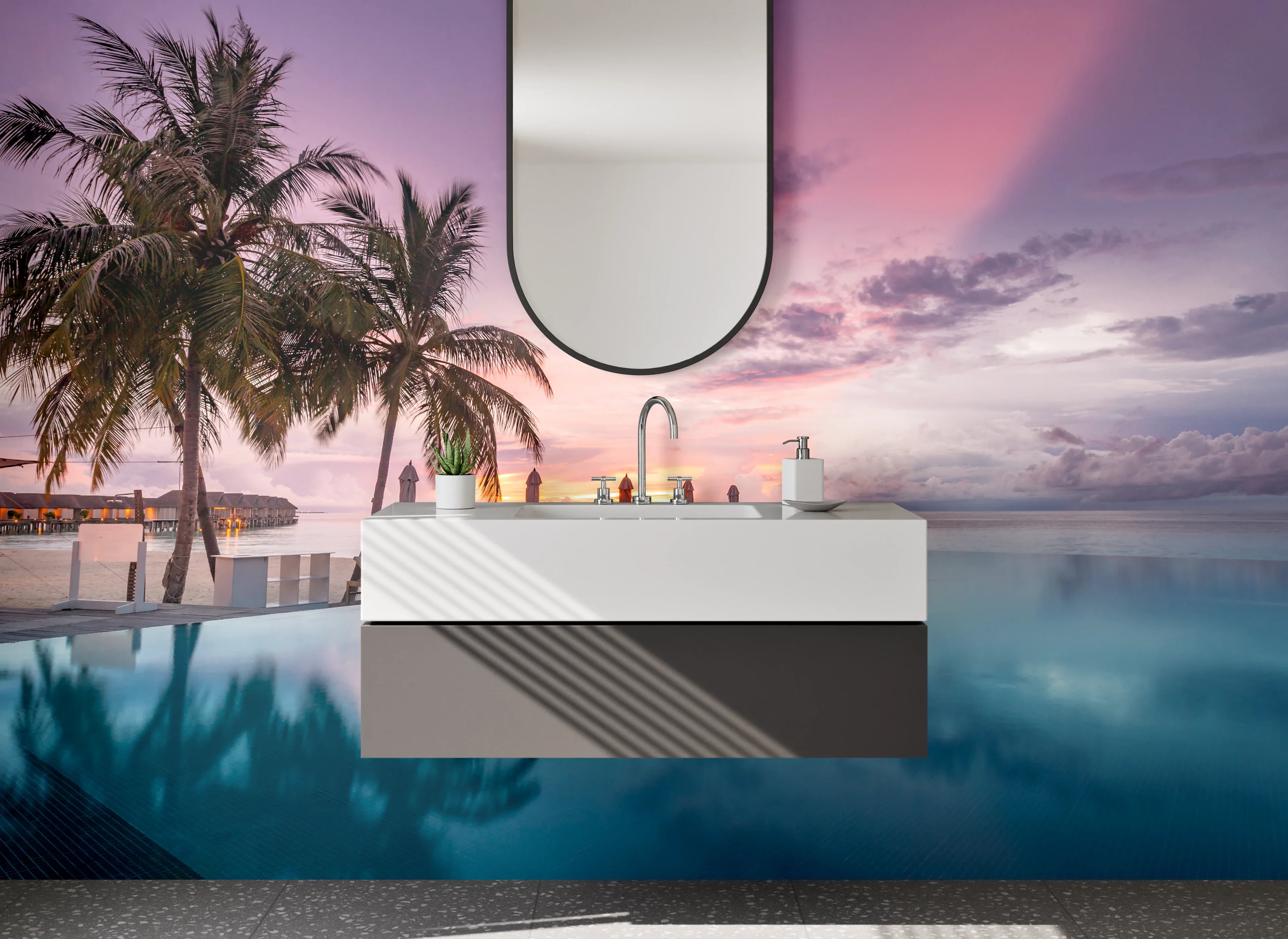 Waschbecken-Rückwand - Karibik Sonnenuntergang Pool Palmen Luxus
