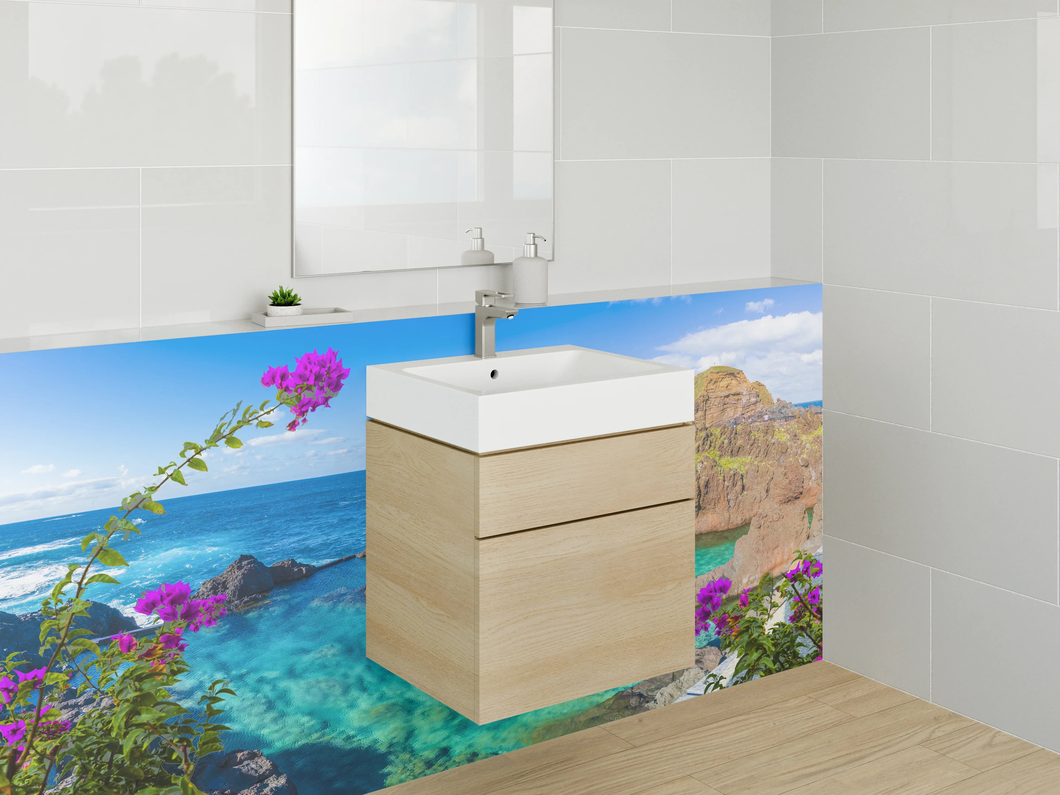 Waschbecken-Rückwand - Karibische Felsküste mit Blüten