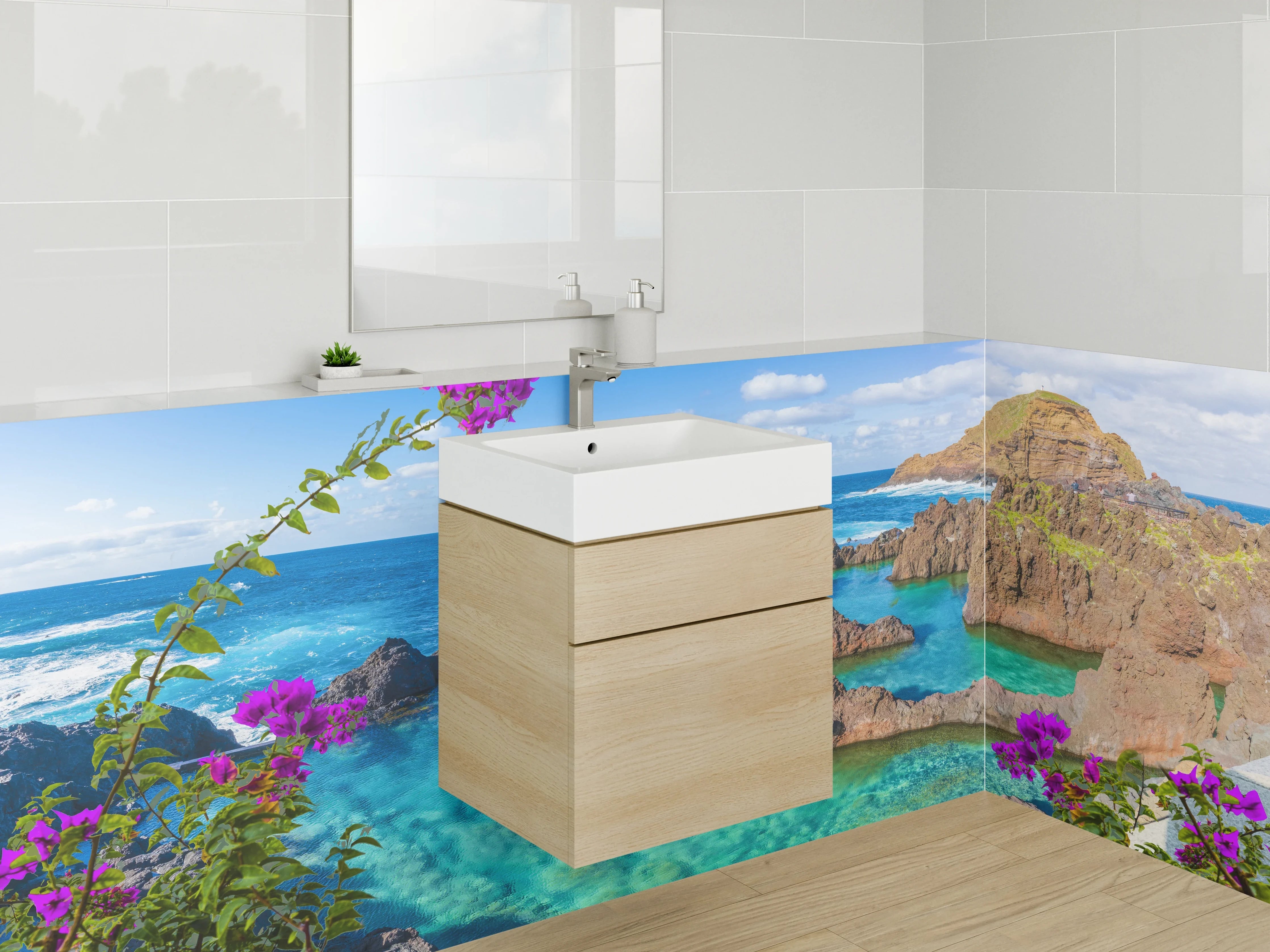 Waschbecken-Rückwand - Karibische Felsküste mit Blüten